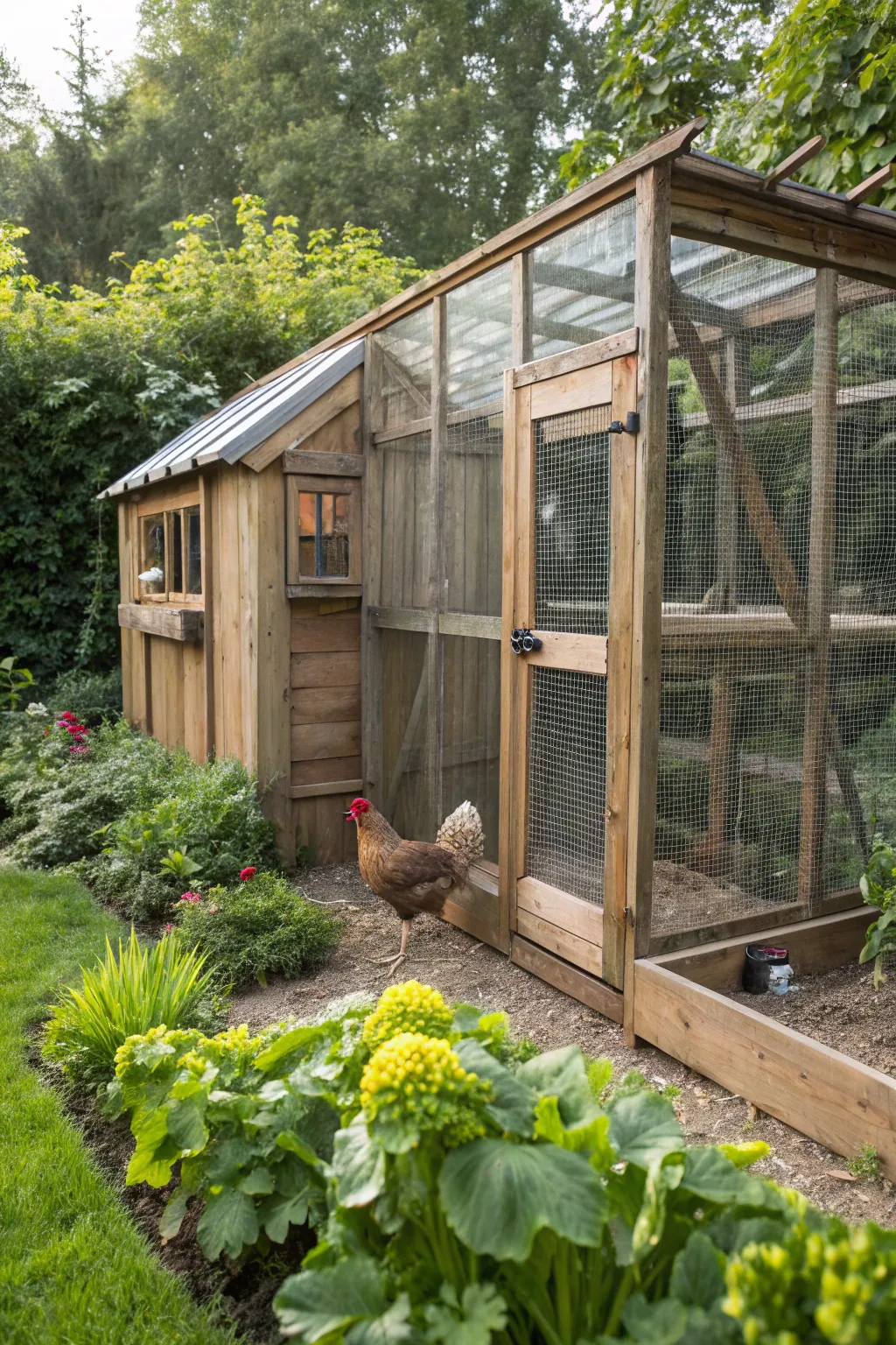 Innovative design meets craftsmanship: A guinea hen coop that doubles as a greenhouse oasis.