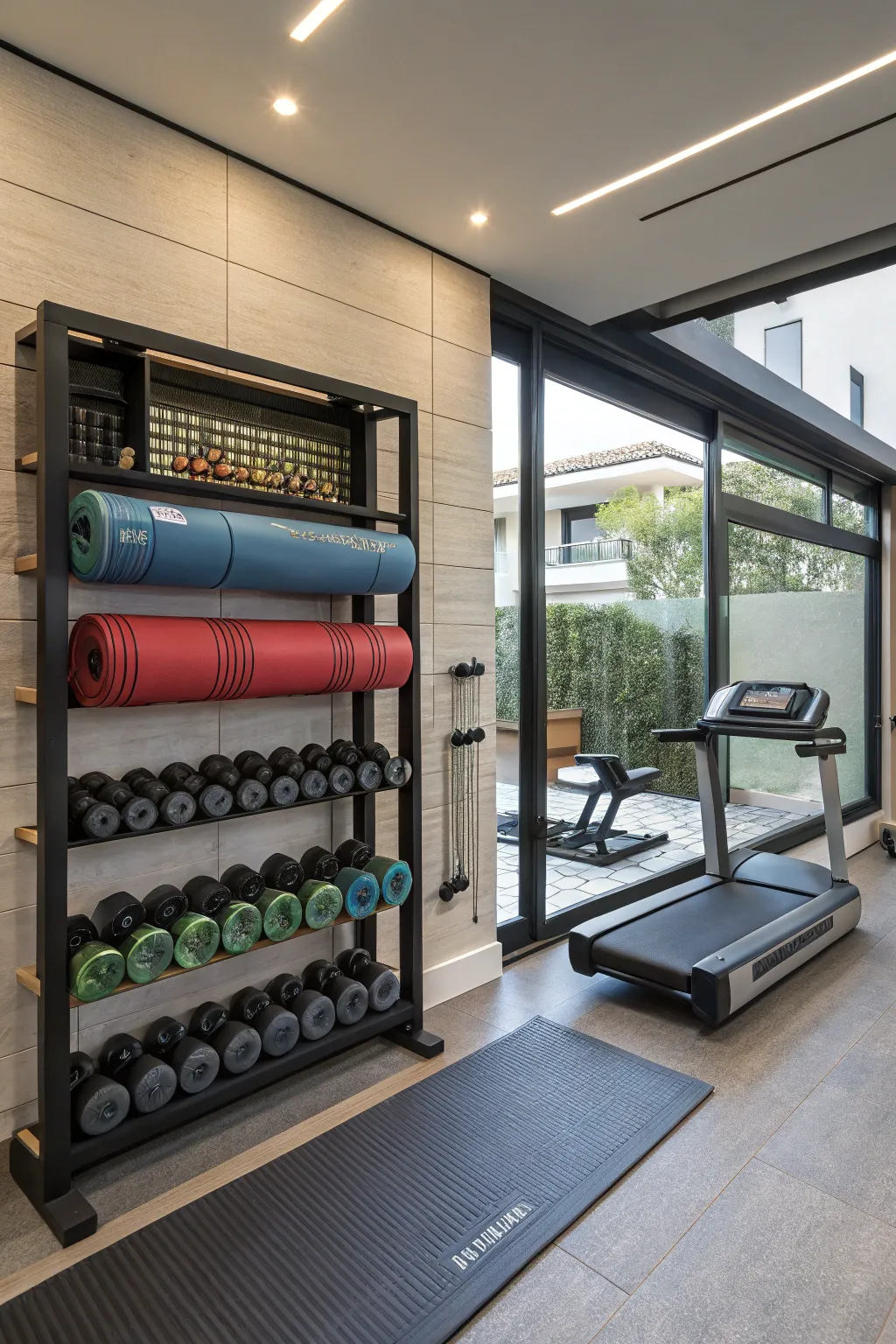 Efficient wall storage keeps the gym organized and spacious.