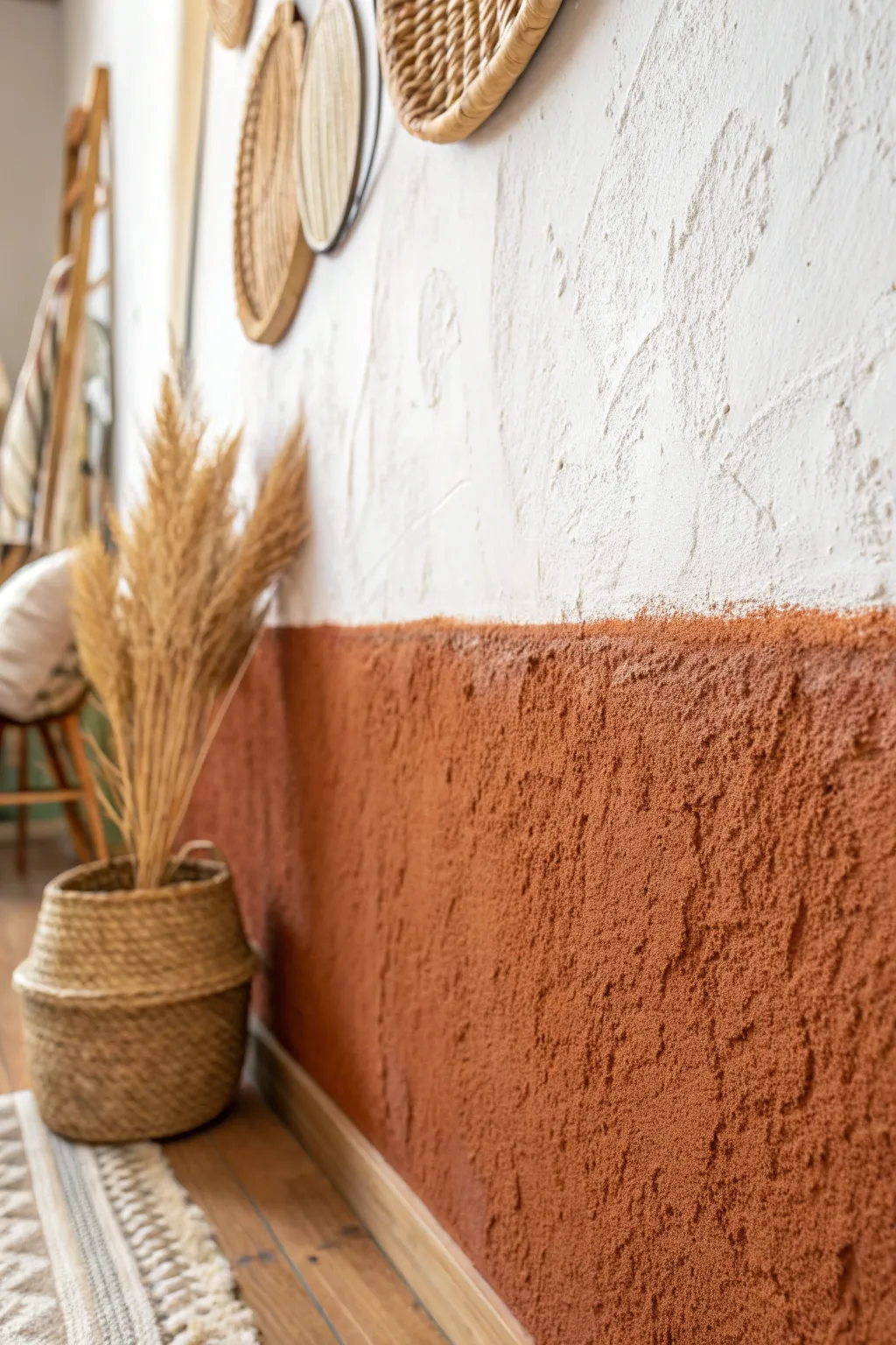 Elevate your space with a textured half-wall paint that adds depth and warmth. #HomeInspiration #ScandiBoho