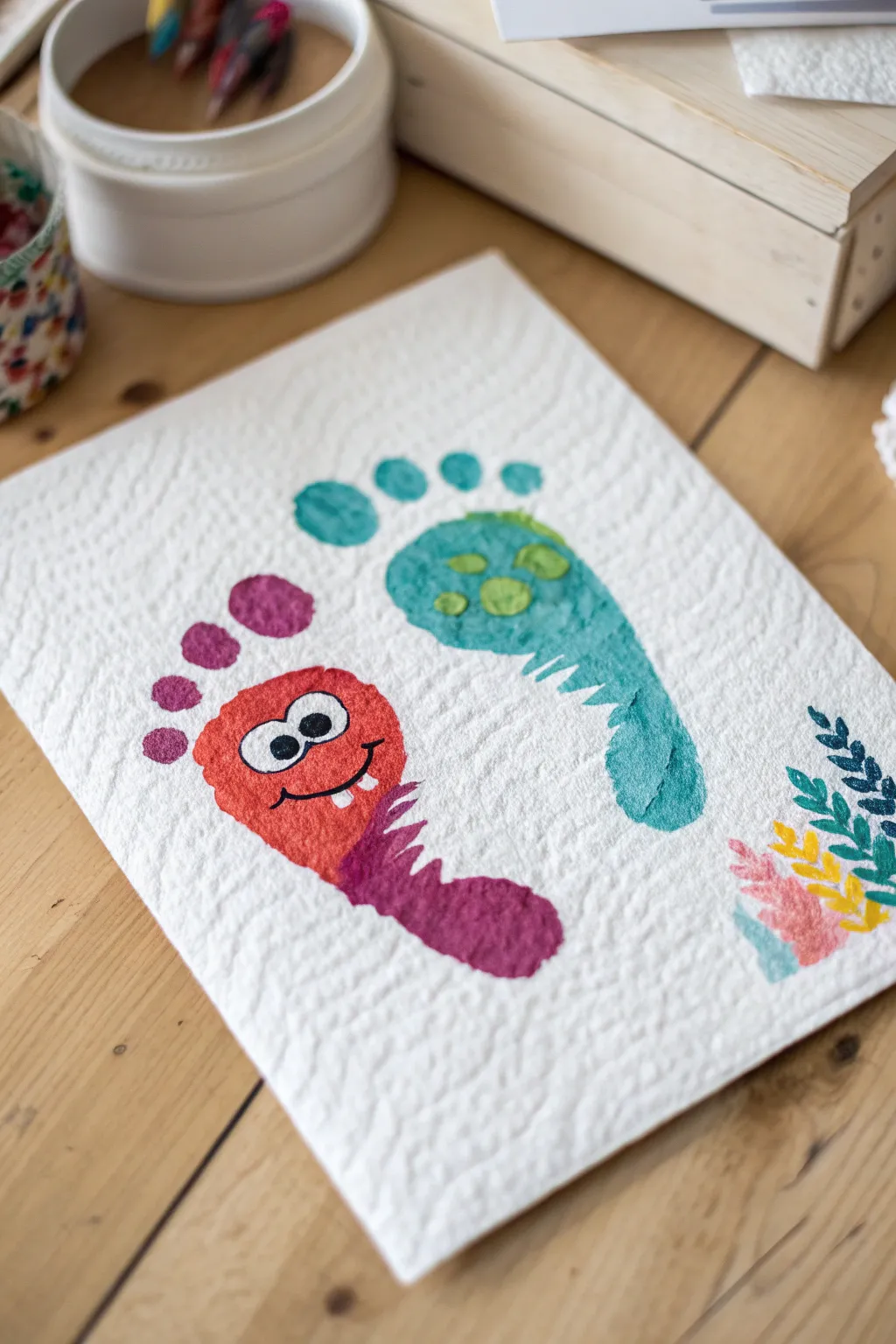 Crafting adorable footprint monsters: simplicity and creativity meet in this playful Halloween activity for little ones!
