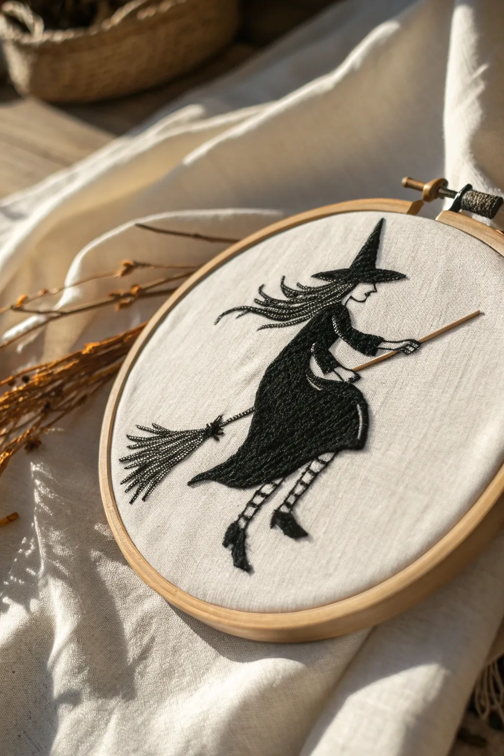 Enchant your space with this minimalist witch silhouette embroidery, perfect for a touch of Halloween magic.