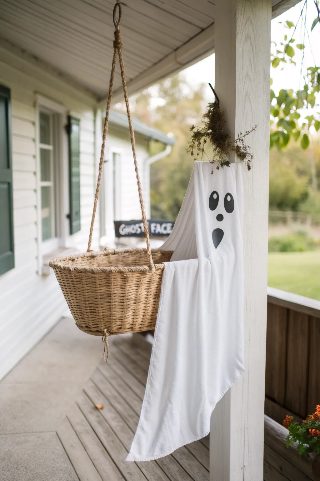 Elevate your porch decor with this charming ghostly basket, where minimalist design meets Halloween spirit.