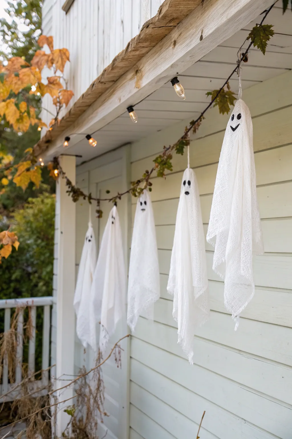 Elevate your Halloween decor with a charming ghostly garland that dances in the breeze, adding a touch of whimsy to your porch.