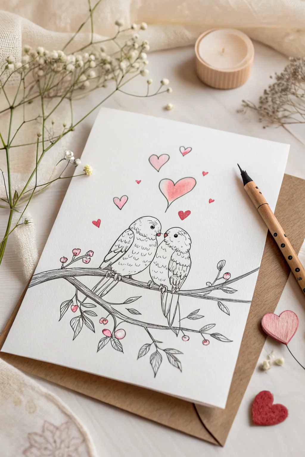Capture love with a touch of whimsy: a hand-drawn card featuring charming lovebirds in a minimalist style.