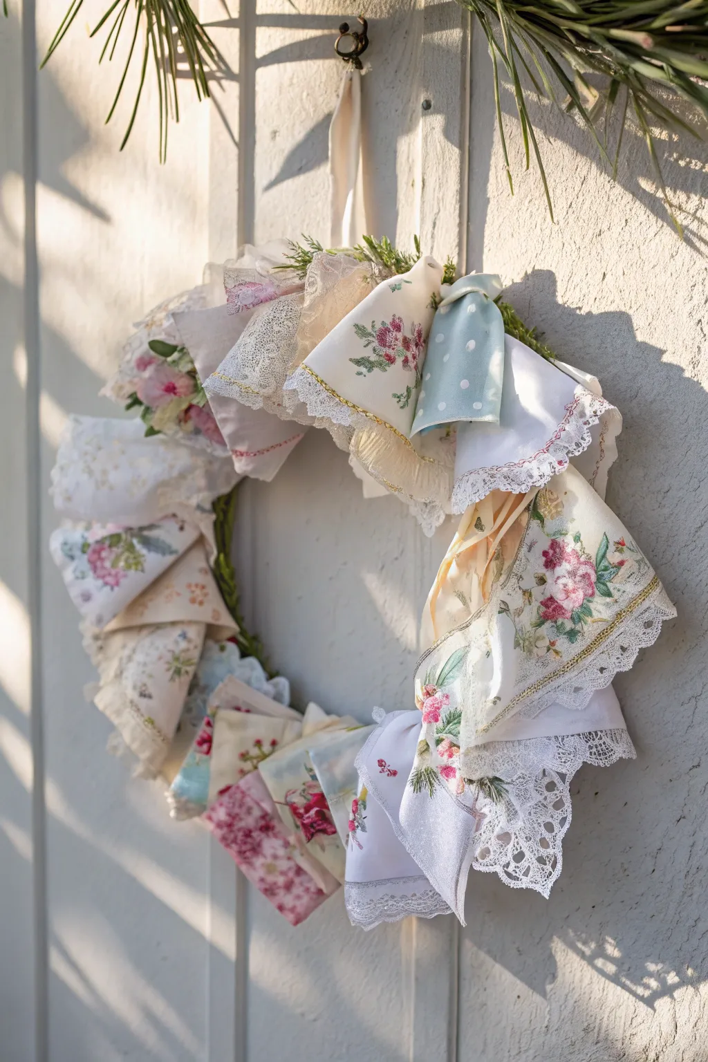 Welcome guests with a vintage charm: a handkerchief wreath that whispers elegance and simplicity.