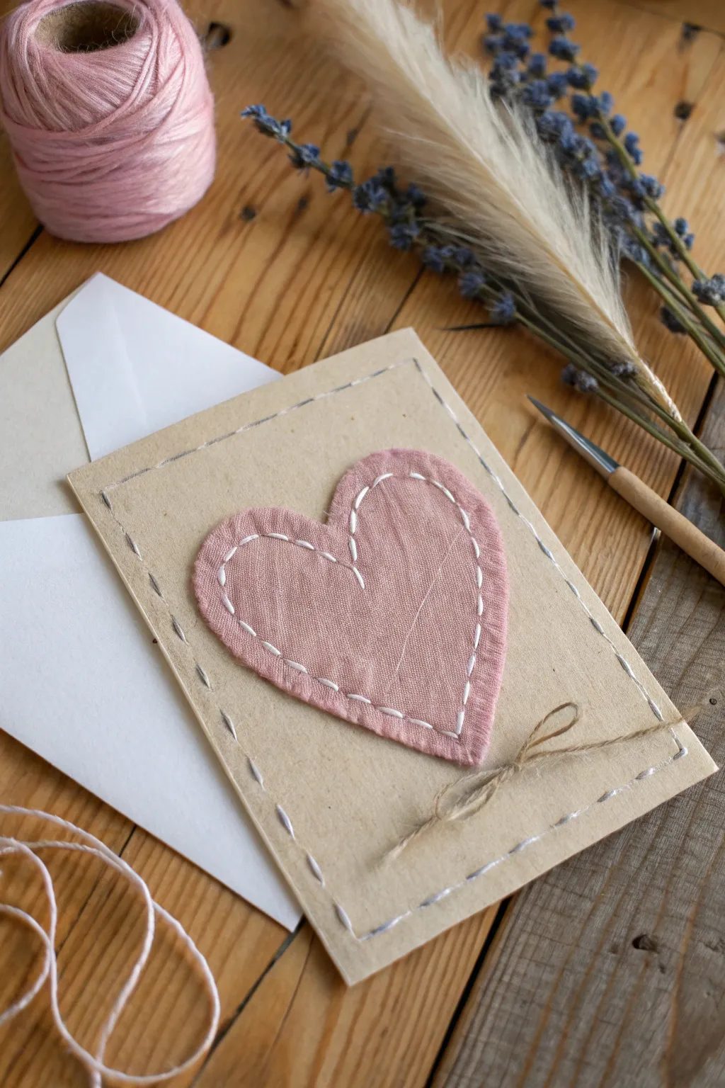 Crafted with love: a fabric heart appliqué that adds a cozy touch to your handmade card.