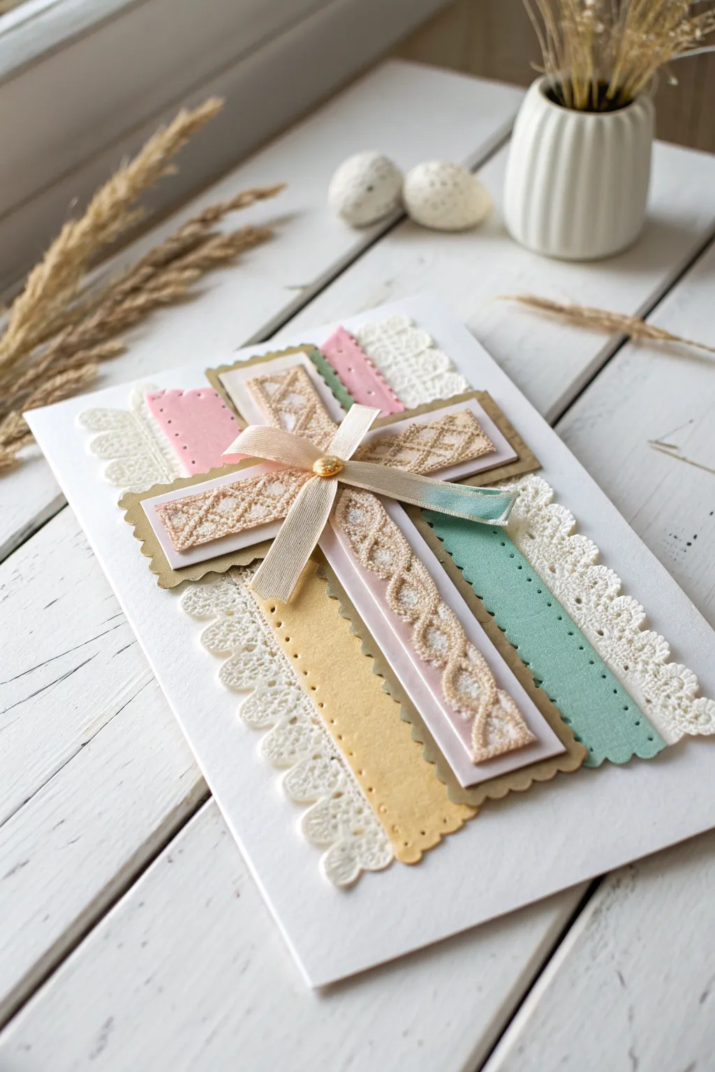 Elegance in Layers: Discover the beauty of simplicity with this handmade Easter card, where textures tell a story of faith and artistry.