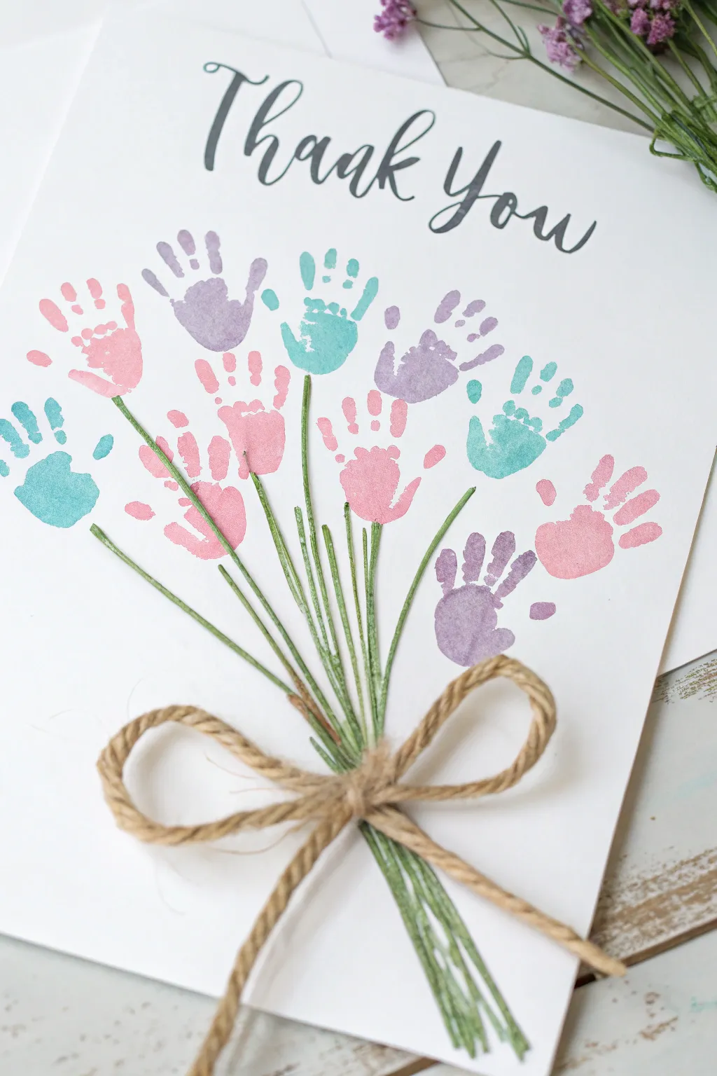 A heartfelt gesture crafted with love: a handmade card featuring a vibrant handprint bouquet for a special teacher.