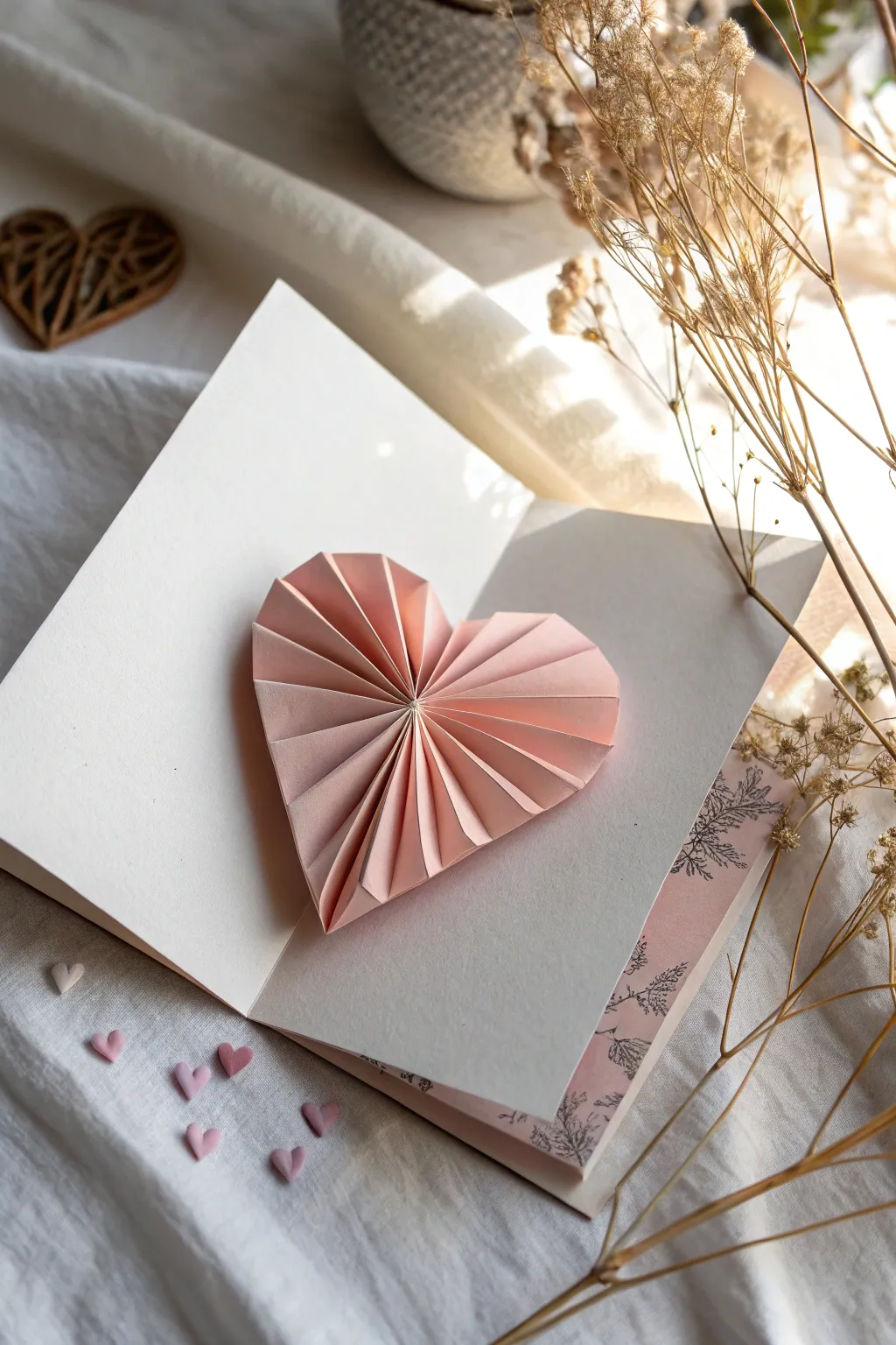 Unfold love with an elegant origami heart pop-up card, where craftsmanship meets simplicity.