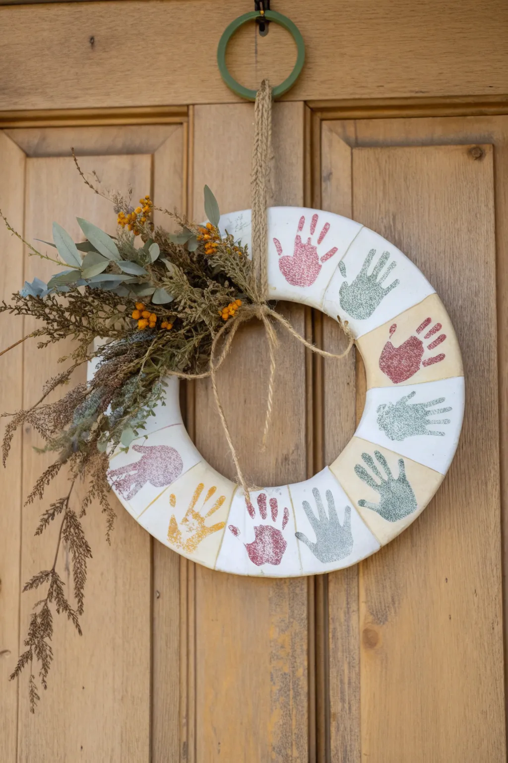 Celebrate every season with a touch of hand-crafted charm. 🌿🖐️ #SeasonalWreath #HandprintCrafts