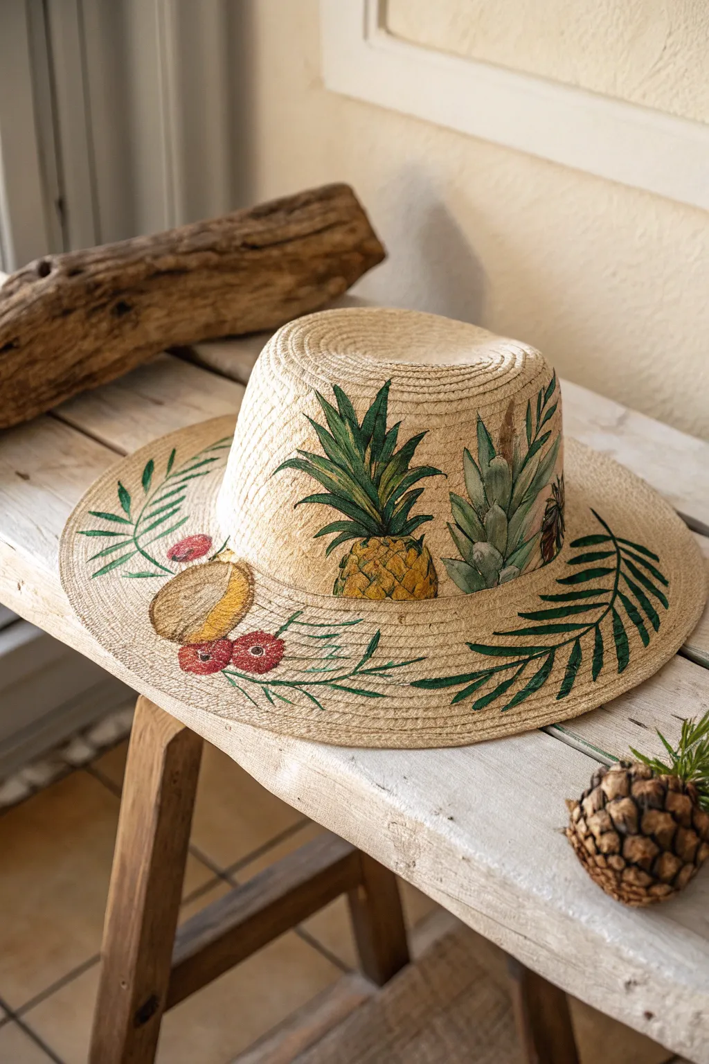 Escape to paradise with this hand-painted tropical hat, a perfect blend of minimalist and boho charm.