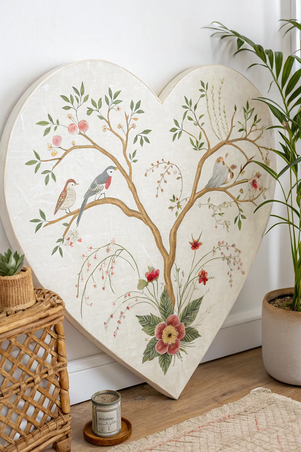 Bring the beauty of nature into your space with this elegant heart-shaped canvas painting.