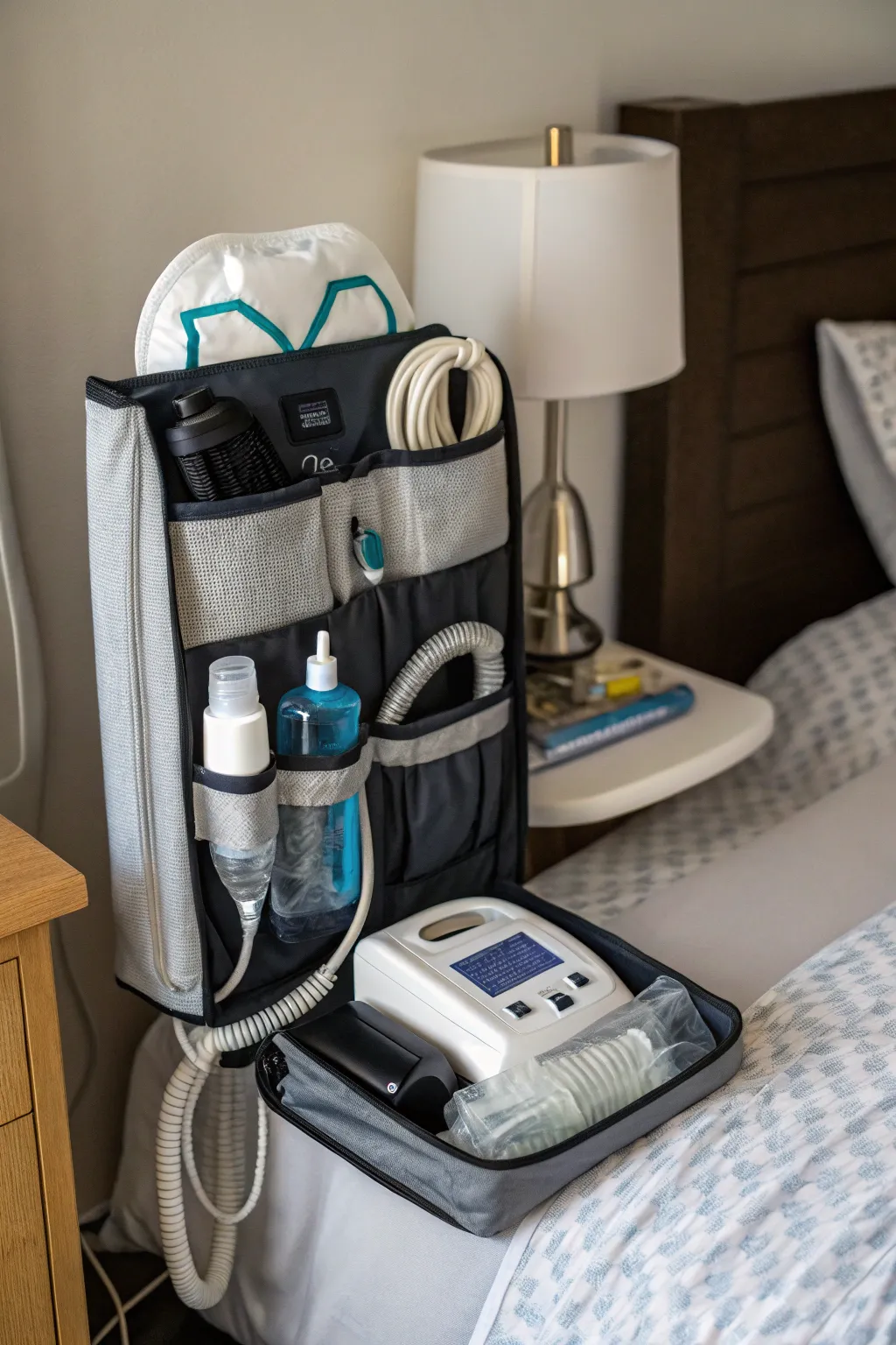 A chic bedside organizer keeps CPAP essentials within reach.