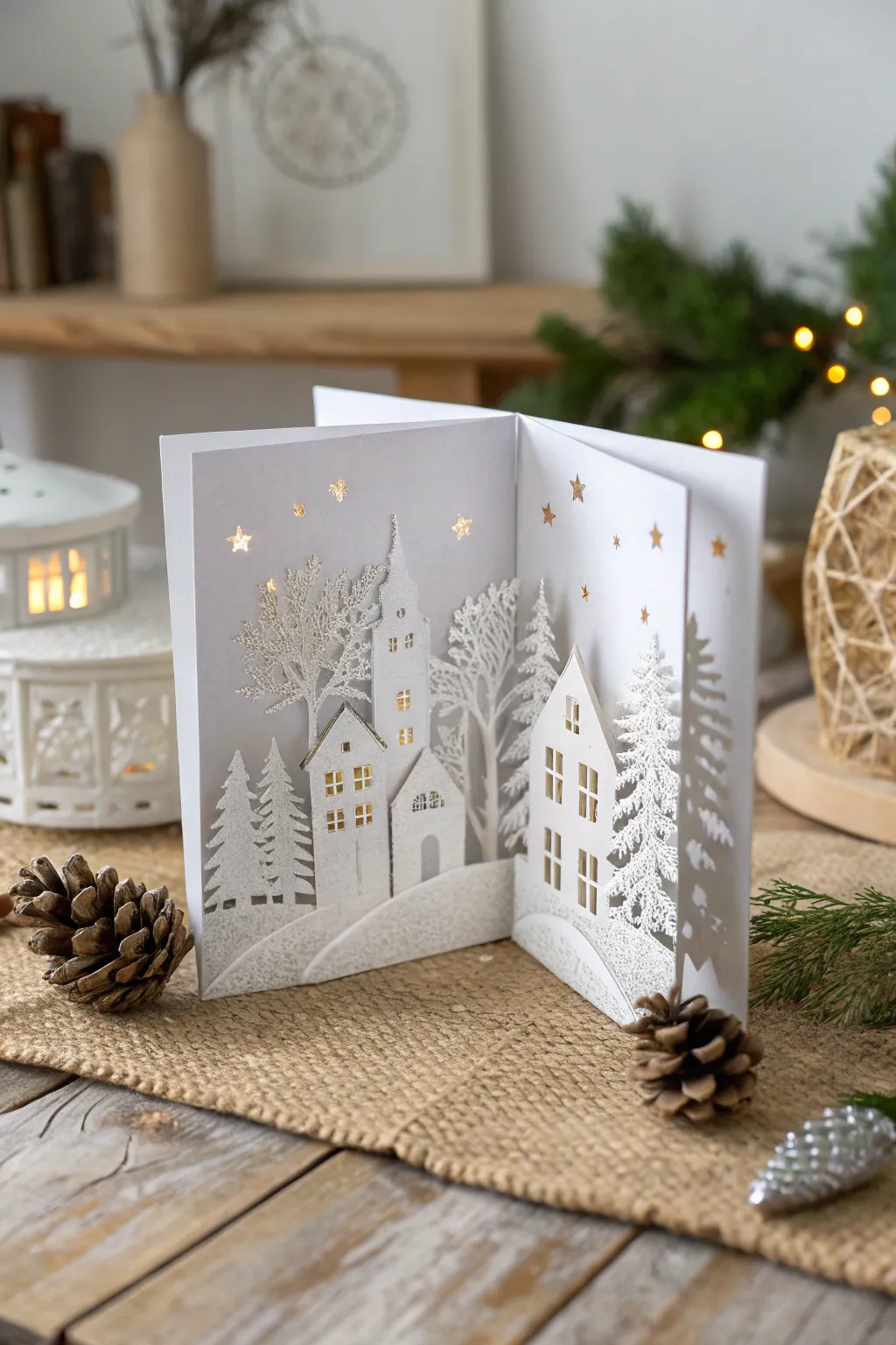 Create magic this holiday season with a DIY pop-up card that unfolds into a charming snowy village scene.