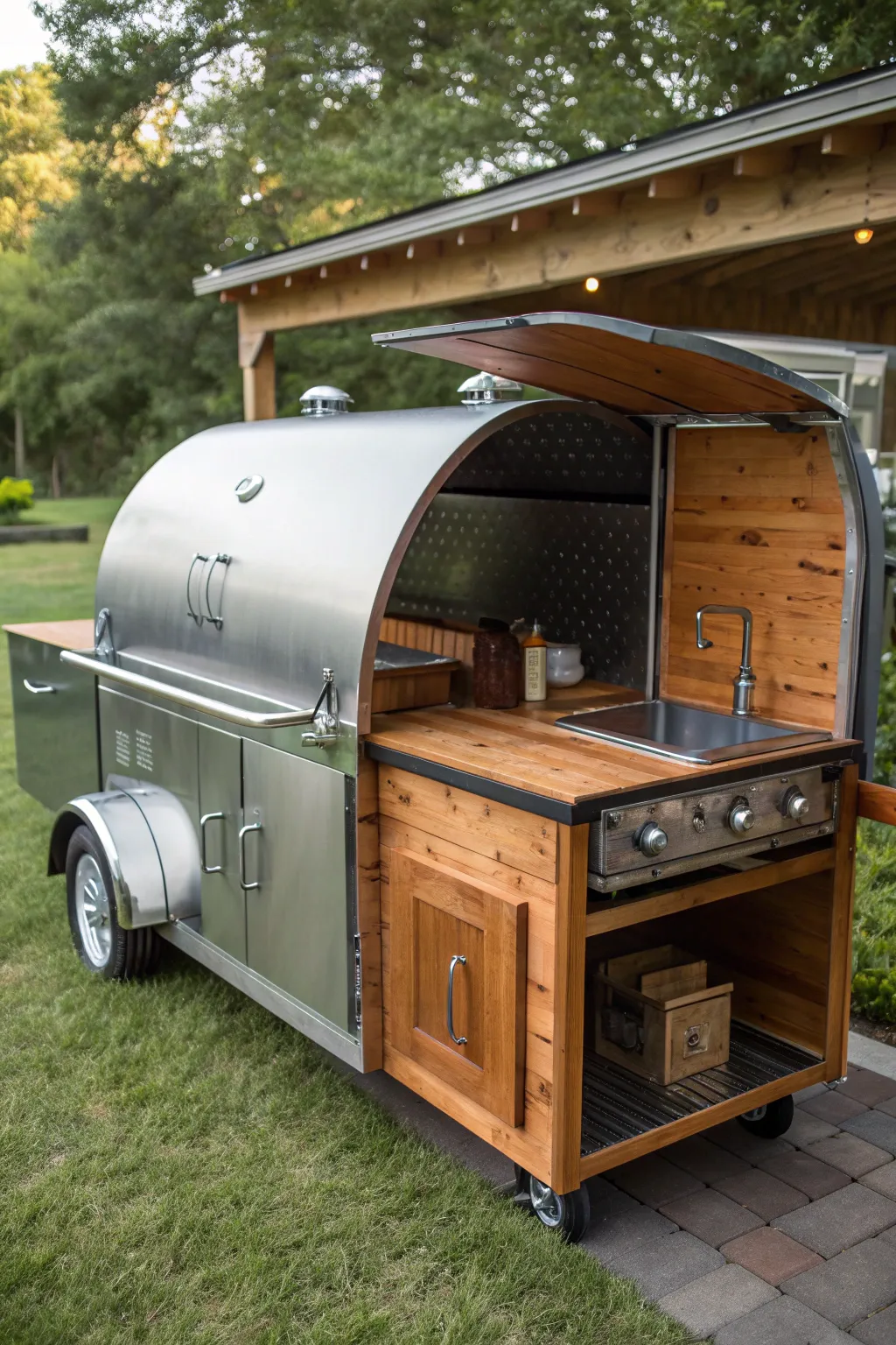 Elevate your outdoor gatherings with a mobile kitchen masterpiece – BBQ, prep, and serve in style!