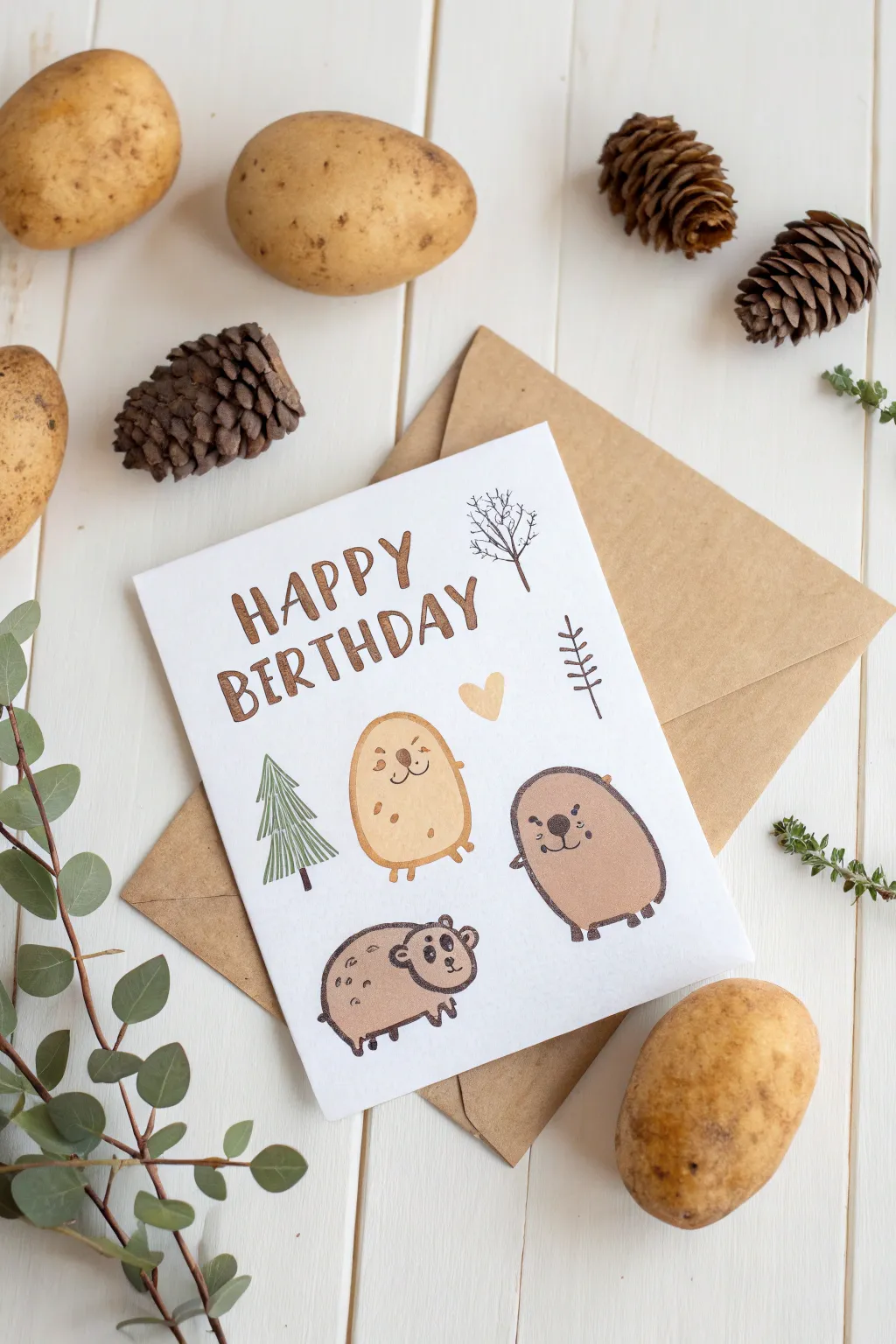 Whimsical potato print animals bring a touch of handmade charm to your little one's birthday card creation.