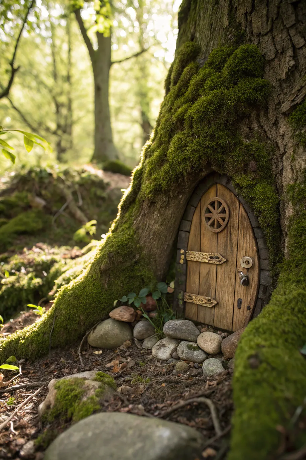 Discover the enchanting allure of a moss-clad fairy door, where nature's beauty meets whimsical elegance.