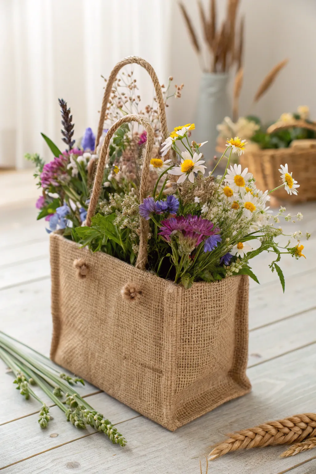 Celebrate May Day with eco-friendly charm: rustic burlap bags filled with nature's finest blooms.