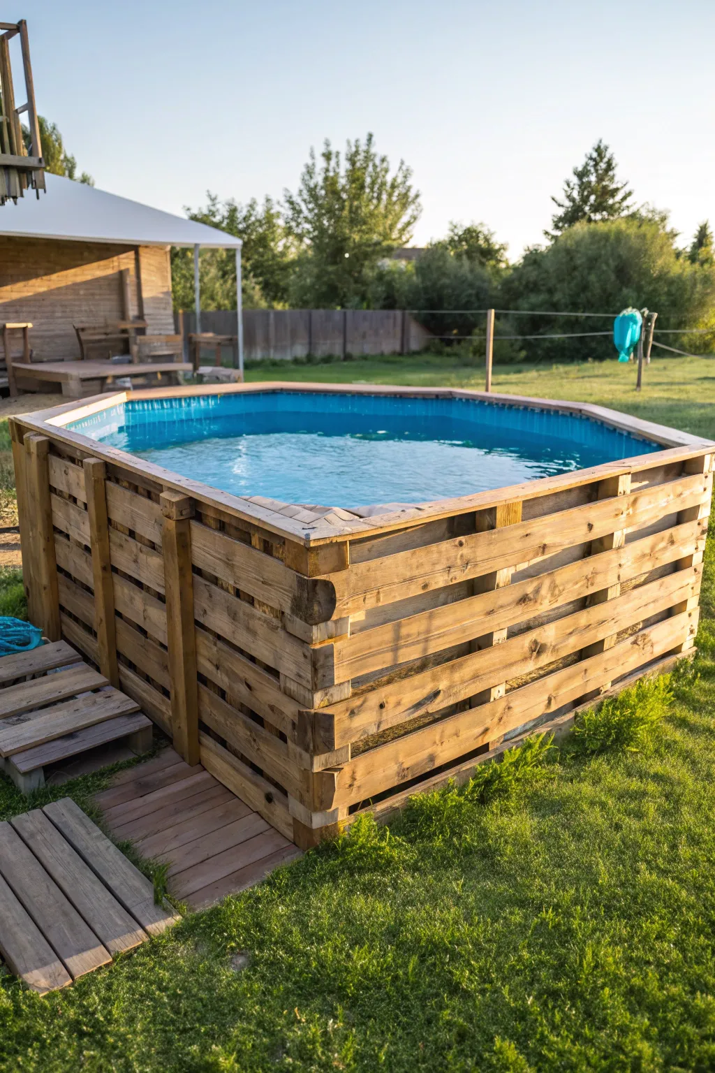 Dive into sustainable style with a rustic pallet pool—where craftsmanship meets eco-friendliness.