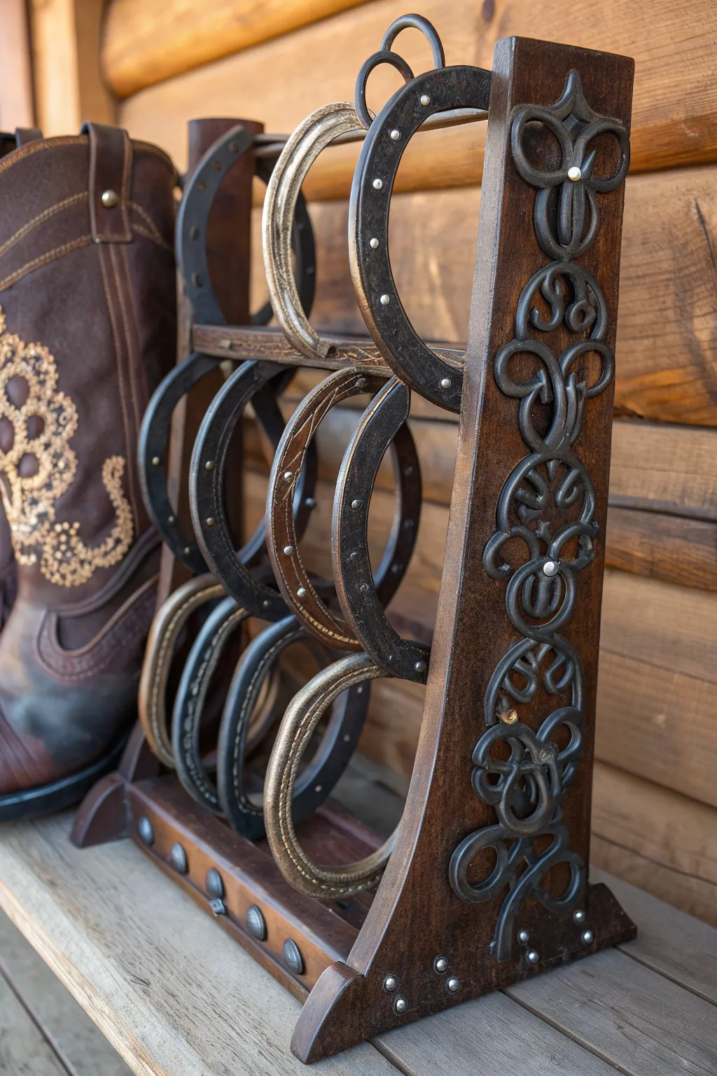 Step into style with a handcrafted horseshoe boot rack, where rugged charm meets practical design.
