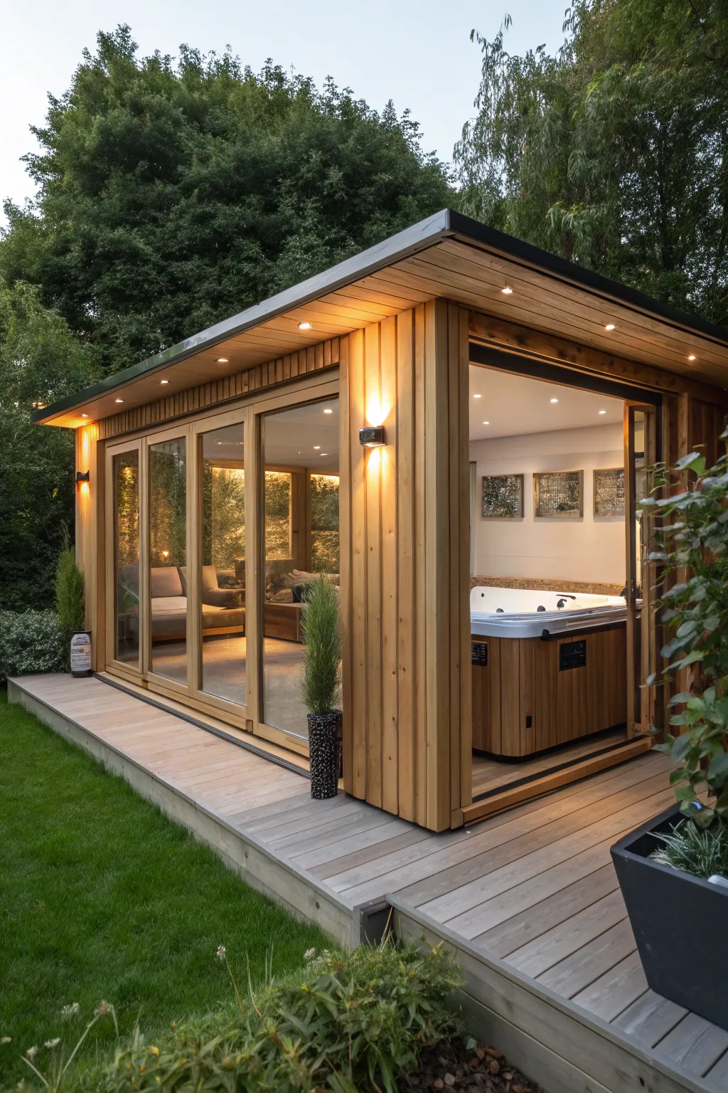 Experience ultimate relaxation with this open-air hot tub shed, where indoor luxury meets outdoor tranquility.