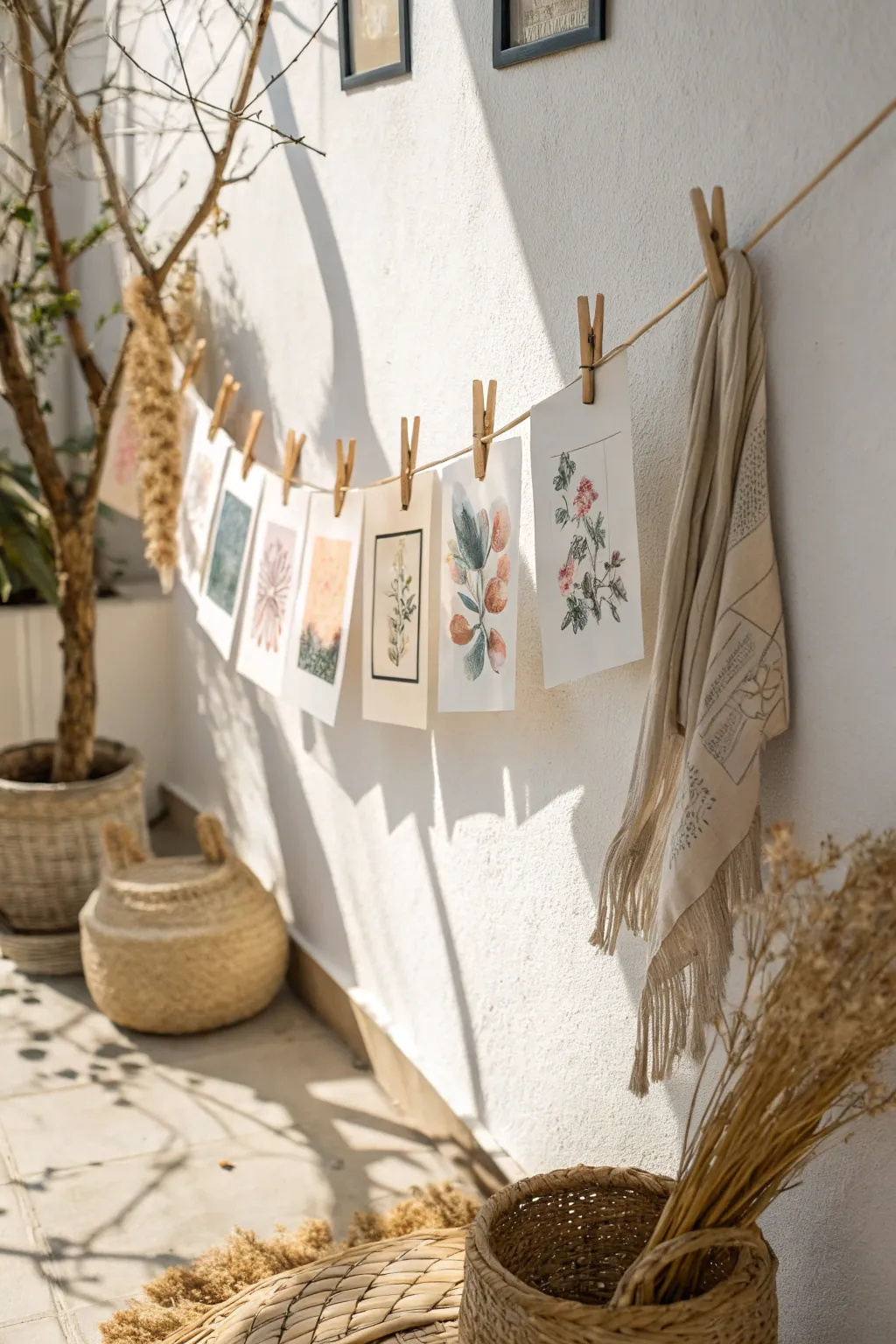 Create your own mini gallery with a touch of boho charm: postcards on a clothesline.