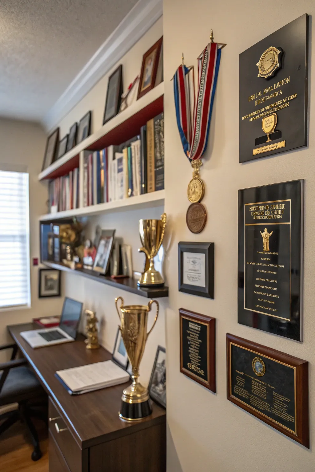 A gallery wall displaying a collection of awards and trophies.