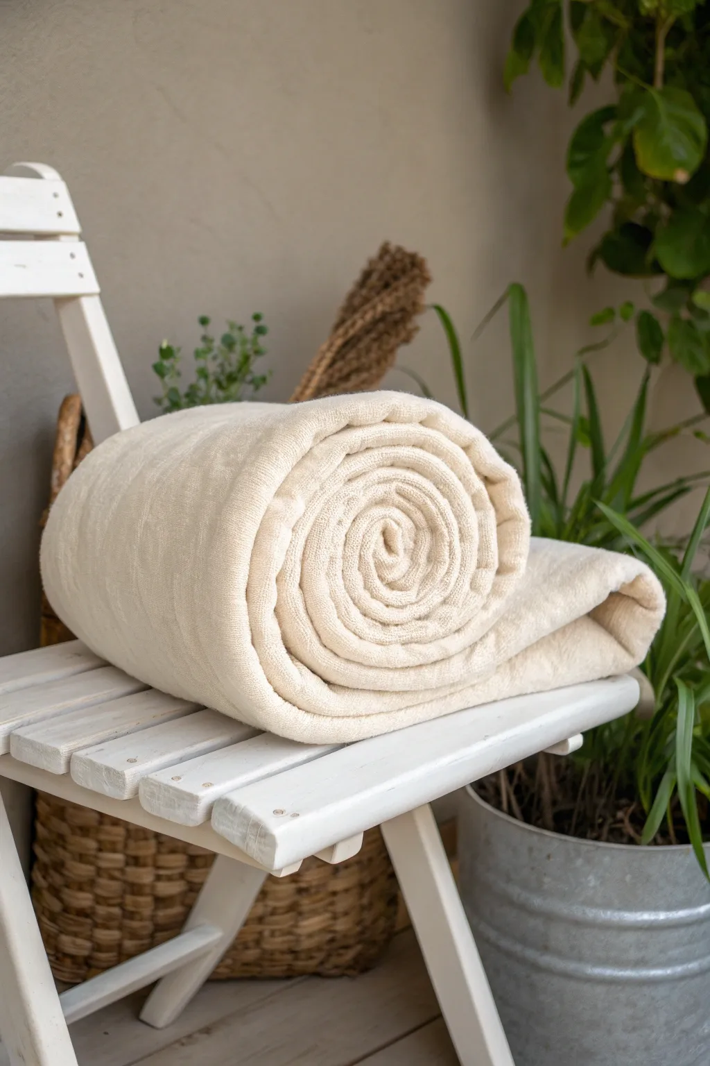 Transform your blanket into a chic cylindrical roll for a touch of minimalist elegance and lumbar support.