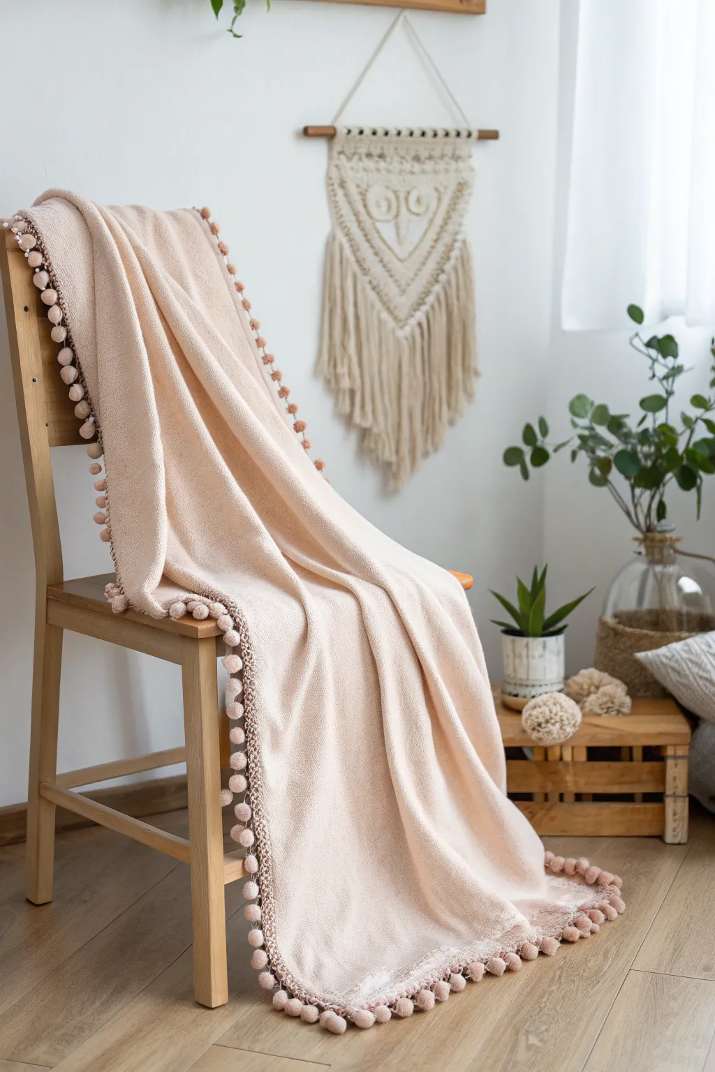 Elevate your cozy corner with a playful pom-pom trimmed fleece blanket—simplicity meets whimsy in style.