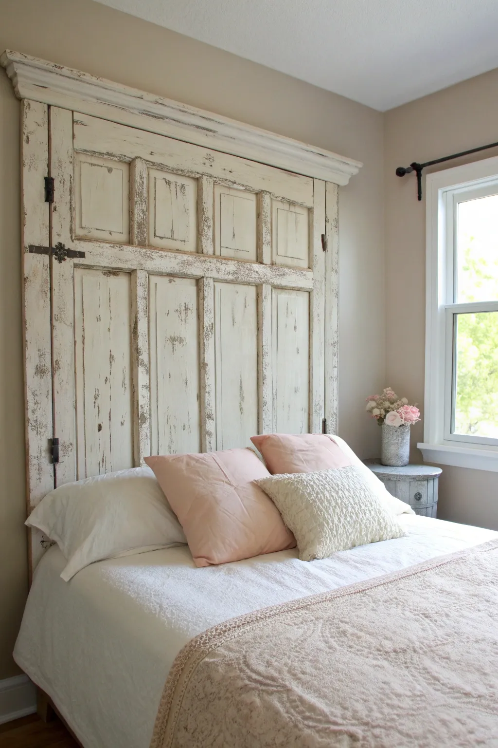 Transform vintage charm into minimalist elegance with a repurposed door headboard.