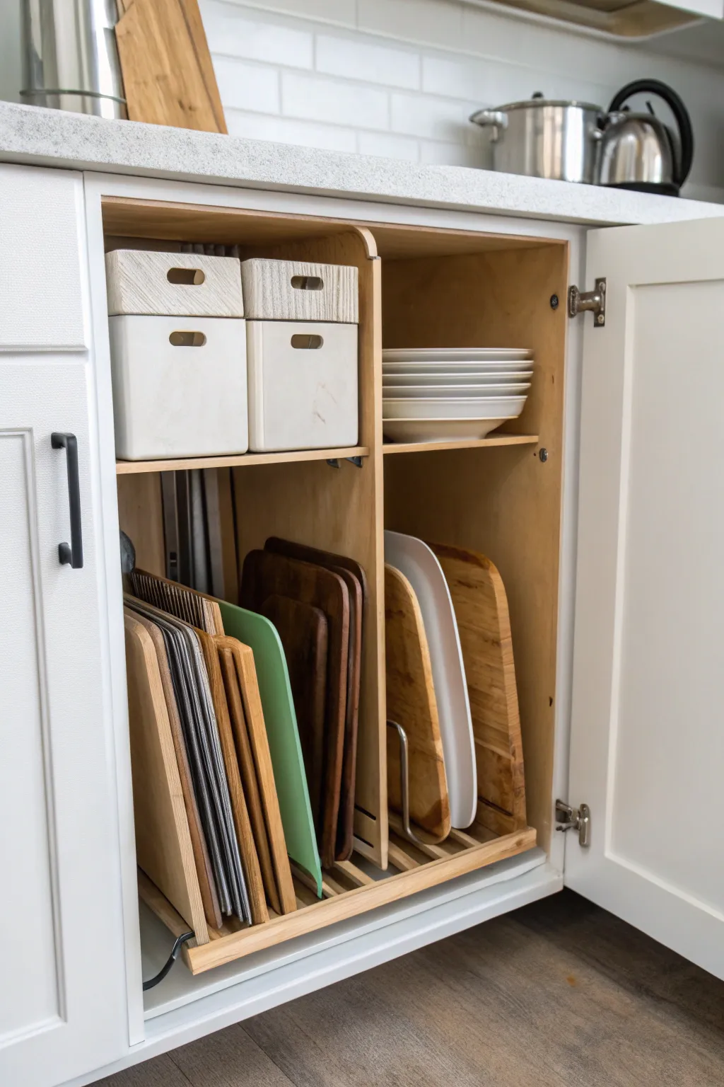Vertical dividers provide efficient storage for flat items.