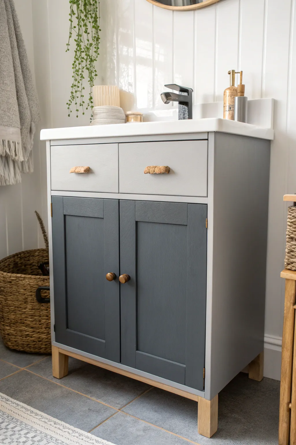 Elevate your bathroom style with this stunning two-tone cabinet design!