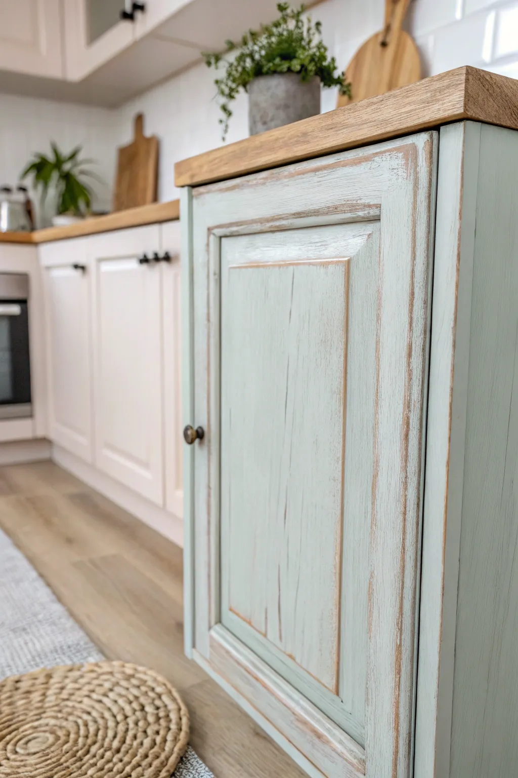 Transform your kitchen with the rustic charm of chalk-painted cabinets—where simplicity meets natural beauty.