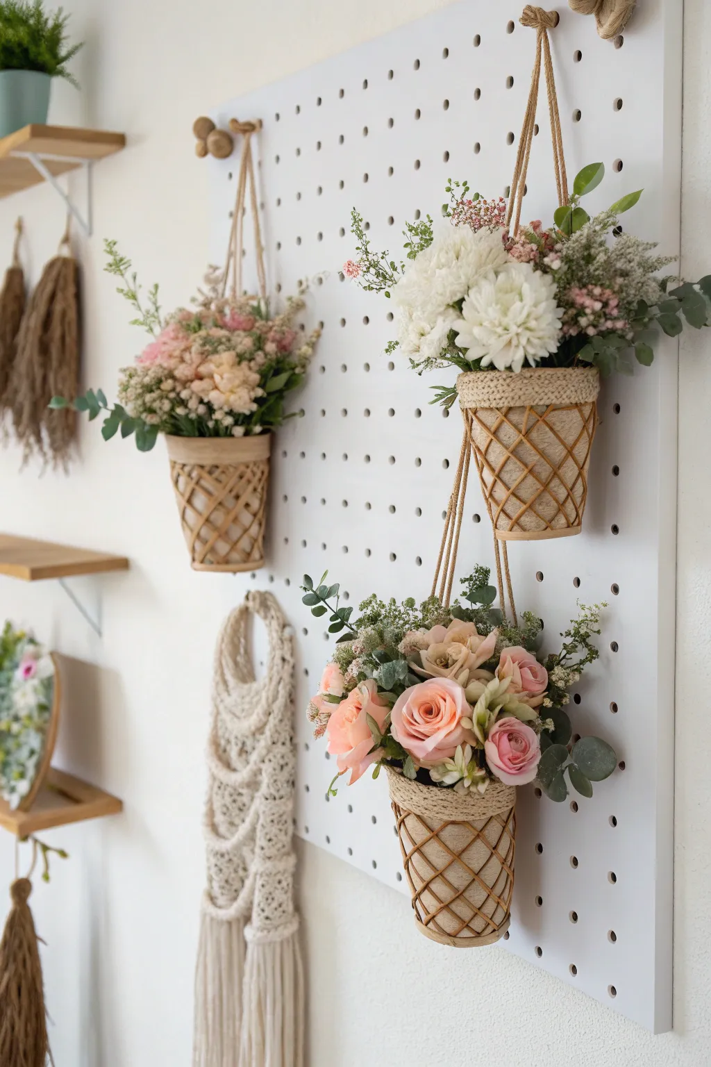 Transform your space with a chic pegboard display, perfect for organizing and showcasing your favorite faux florals in style!