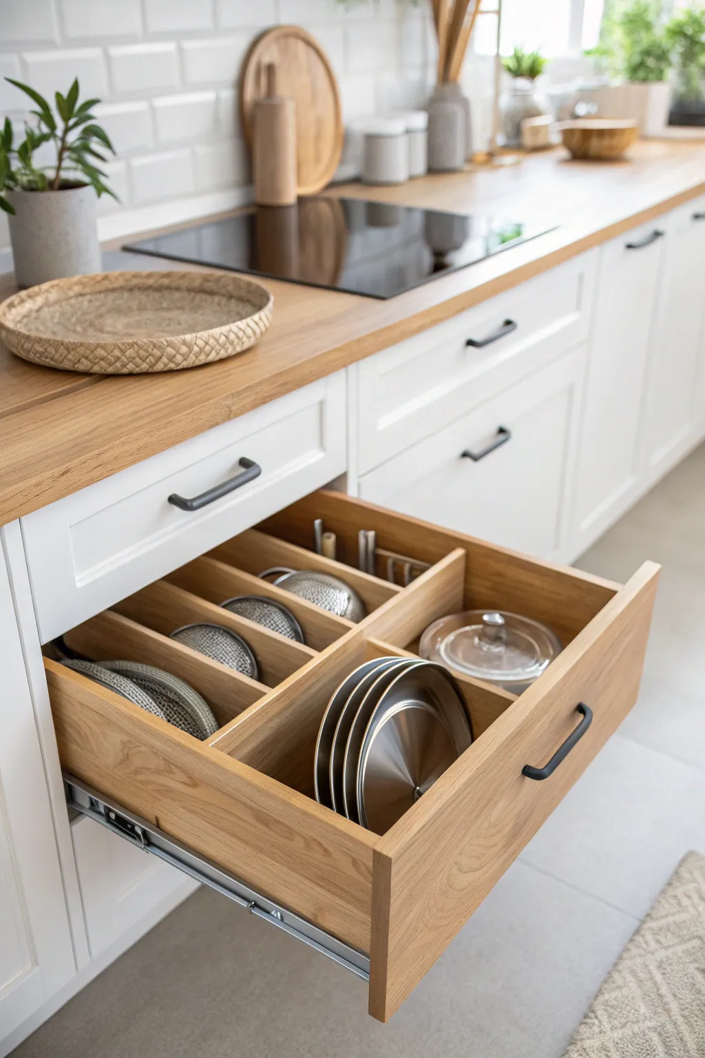 Effortlessly organized: Discover the elegance of vertical lid storage for a clutter-free kitchen.