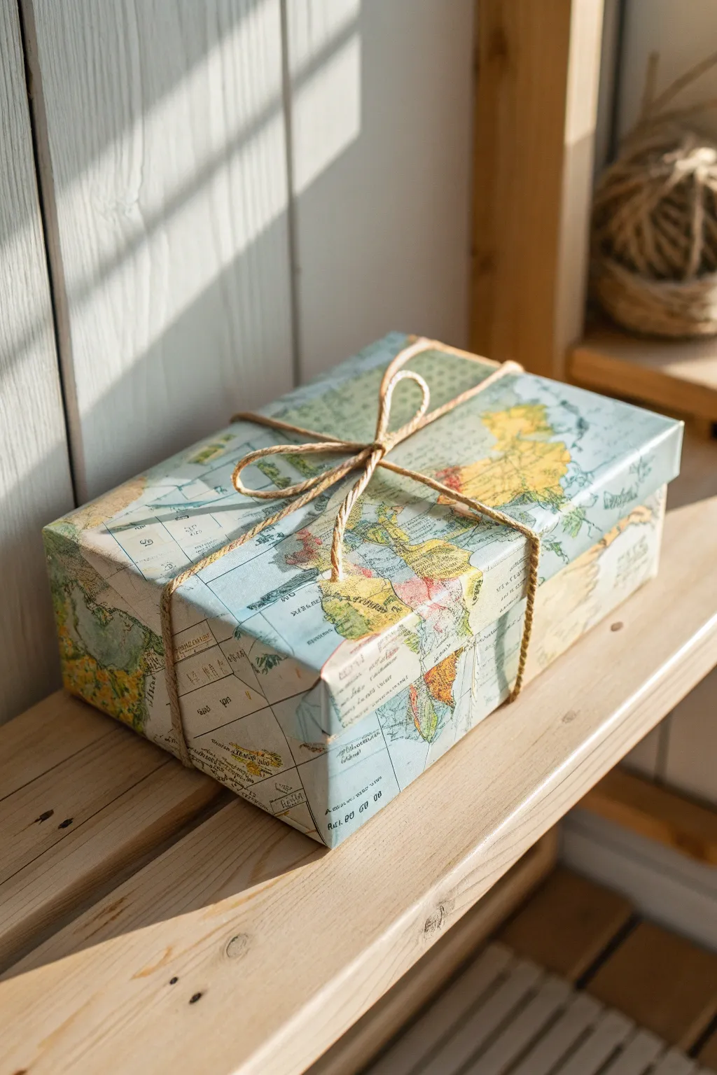 Transform your space with a touch of wanderlust: a beautifully wrapped shoe box using vintage maps.