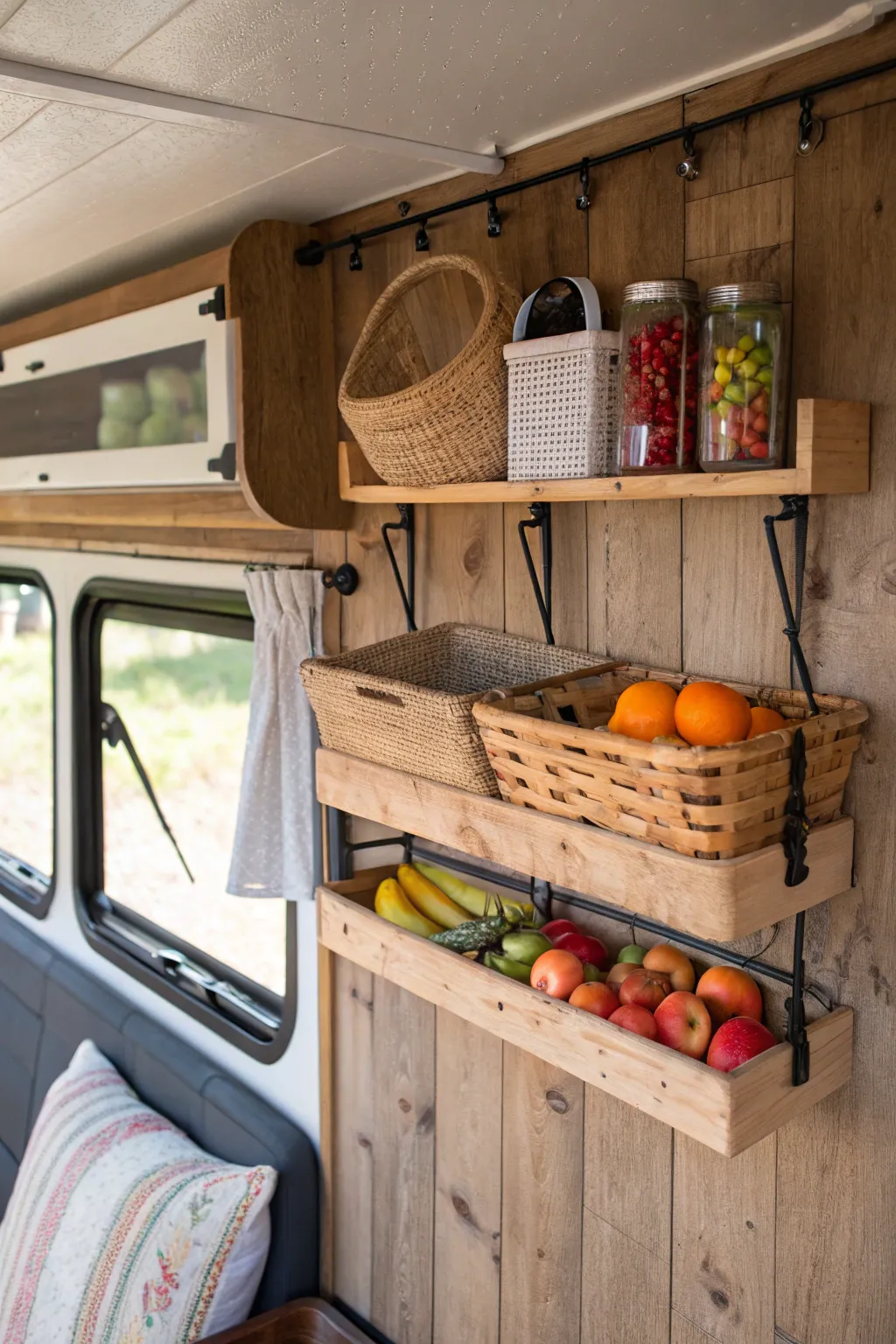 Maximize your camper's space with stylish and functional hanging storage solutions.