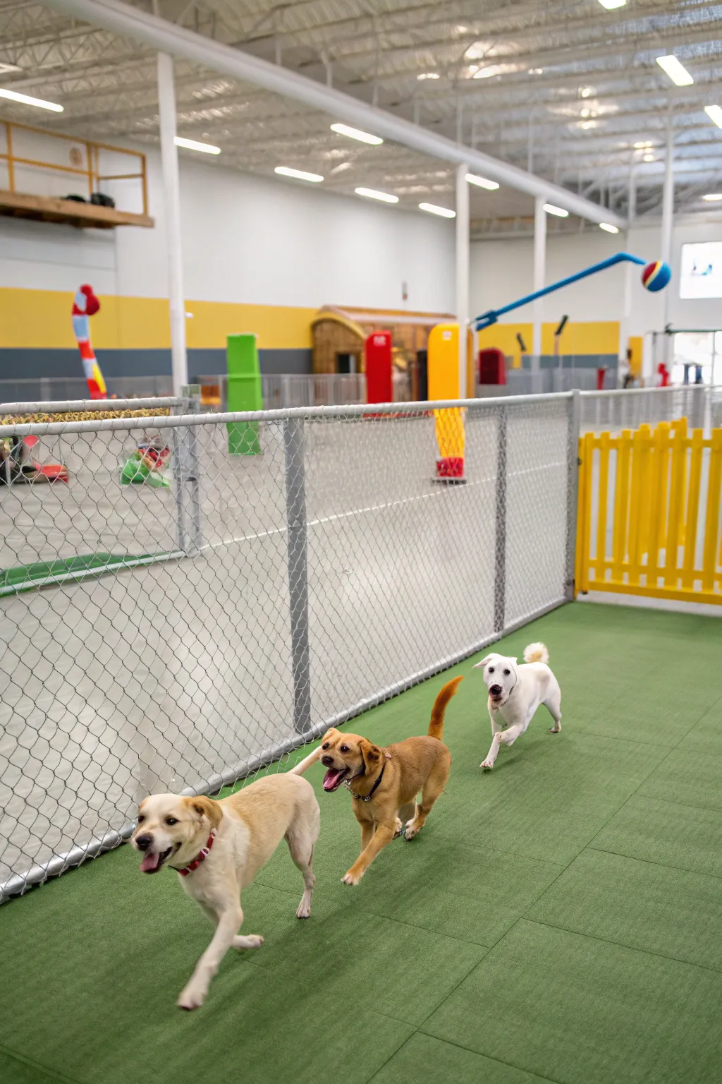 Secure fenced areas in an indoor park for safe playtime.