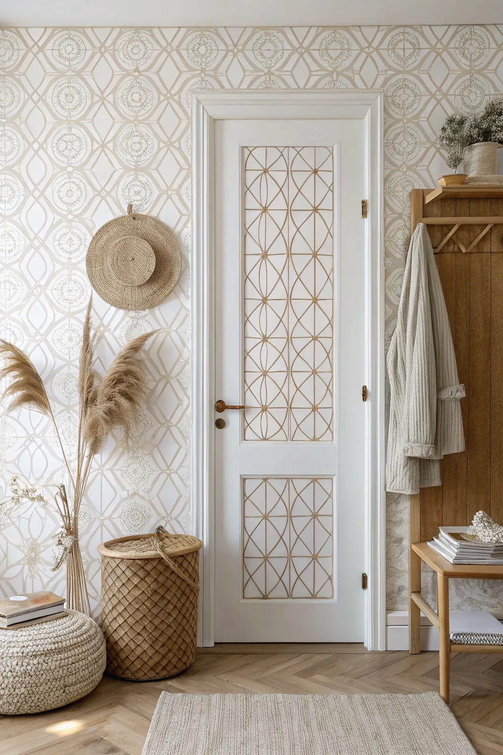 Transform your space with a touch of pattern and color using removable wallpaper for a chic, temporary door makeover!