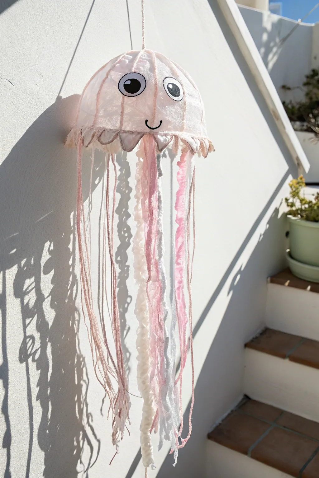 Add a touch of whimsy to your decor with this charming handcrafted jellyfish, complete with googly eyes and tassels!