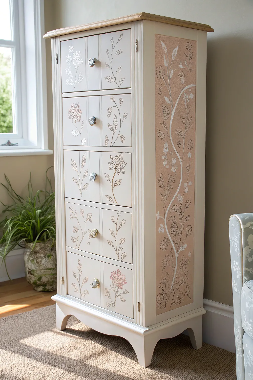 Transform your jewelry armoire with delicate stenciled patterns for a touch of elegance and personal flair.