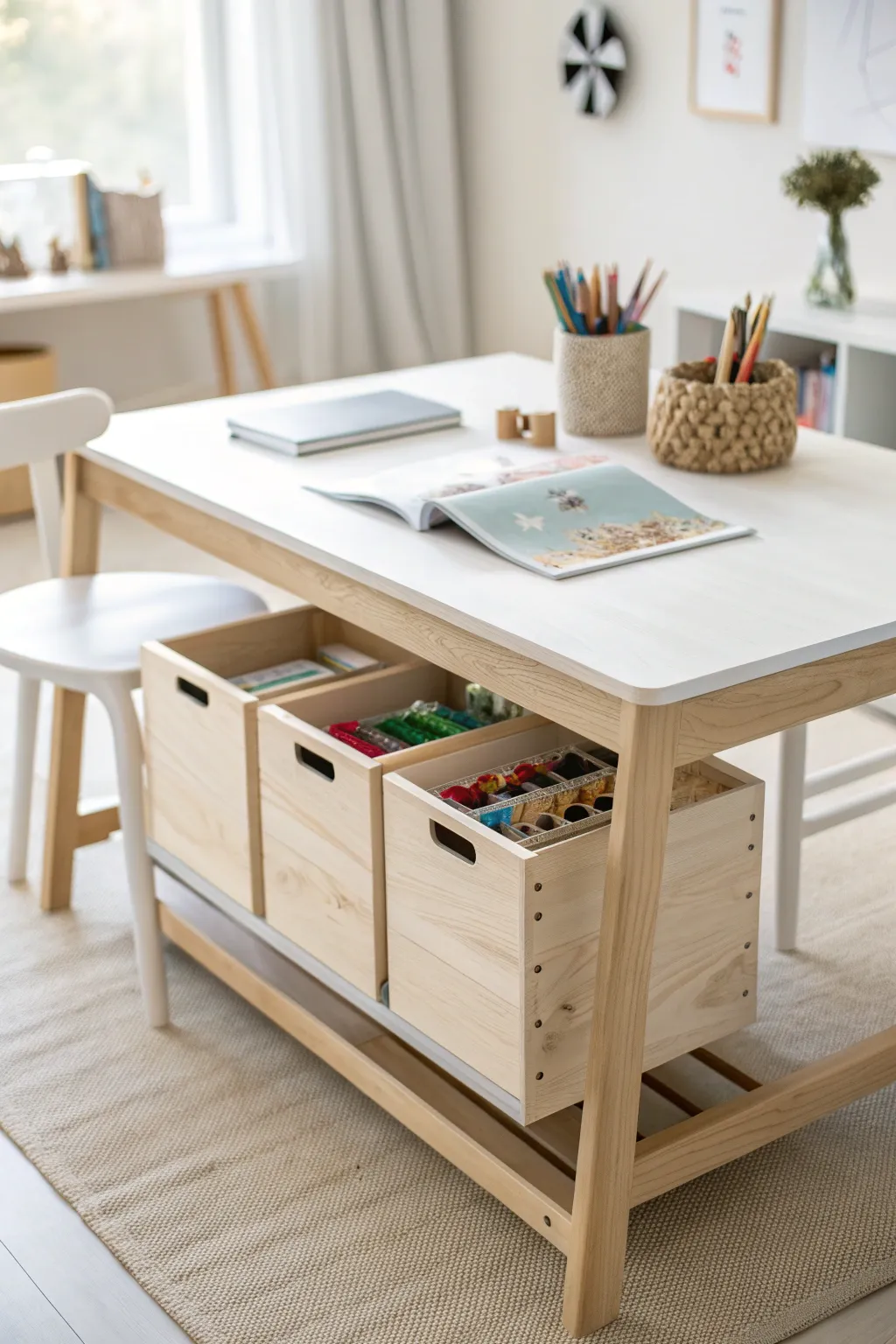 Crafting in style: This minimalist table with built-in storage keeps creativity tidy and within reach.