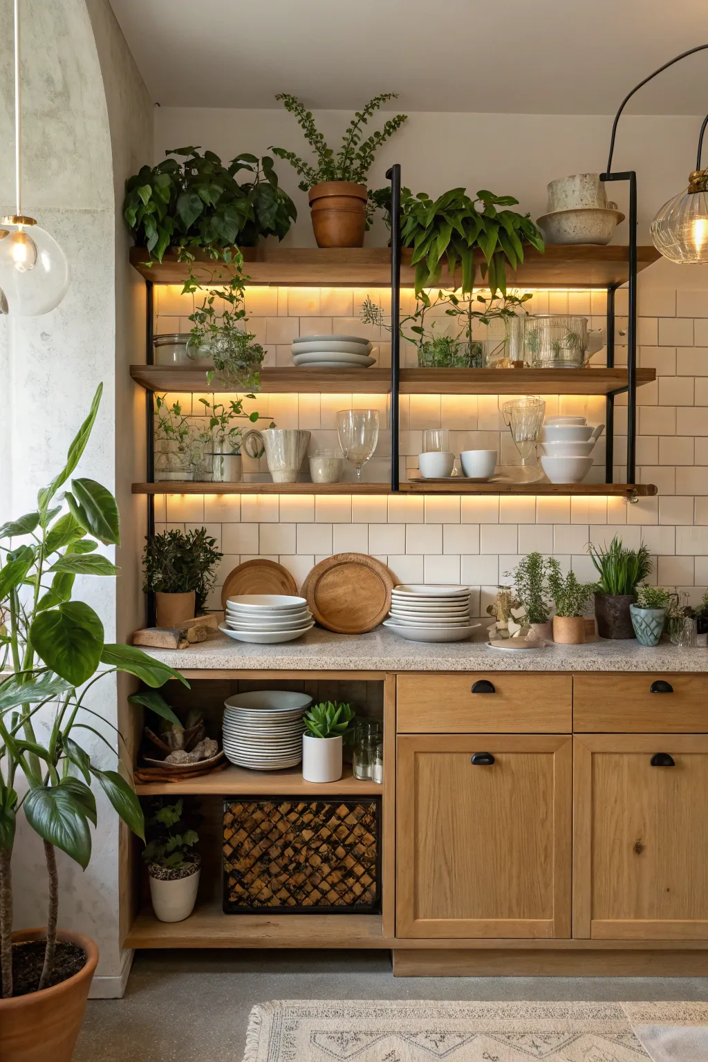 Open shelving adds both style and functionality to this kitchen alcove.