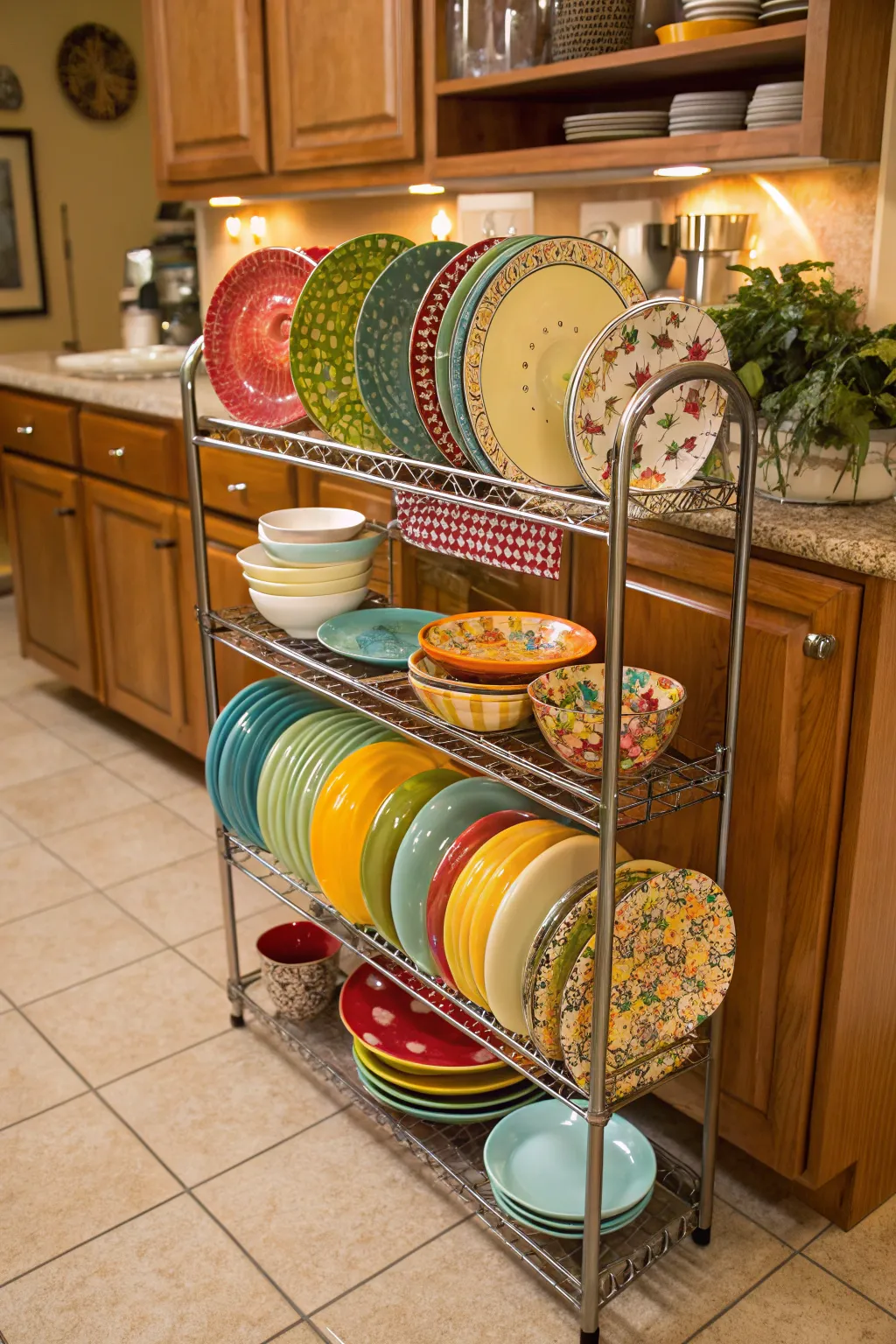 Decorative dishes add a splash of color and elegance.
