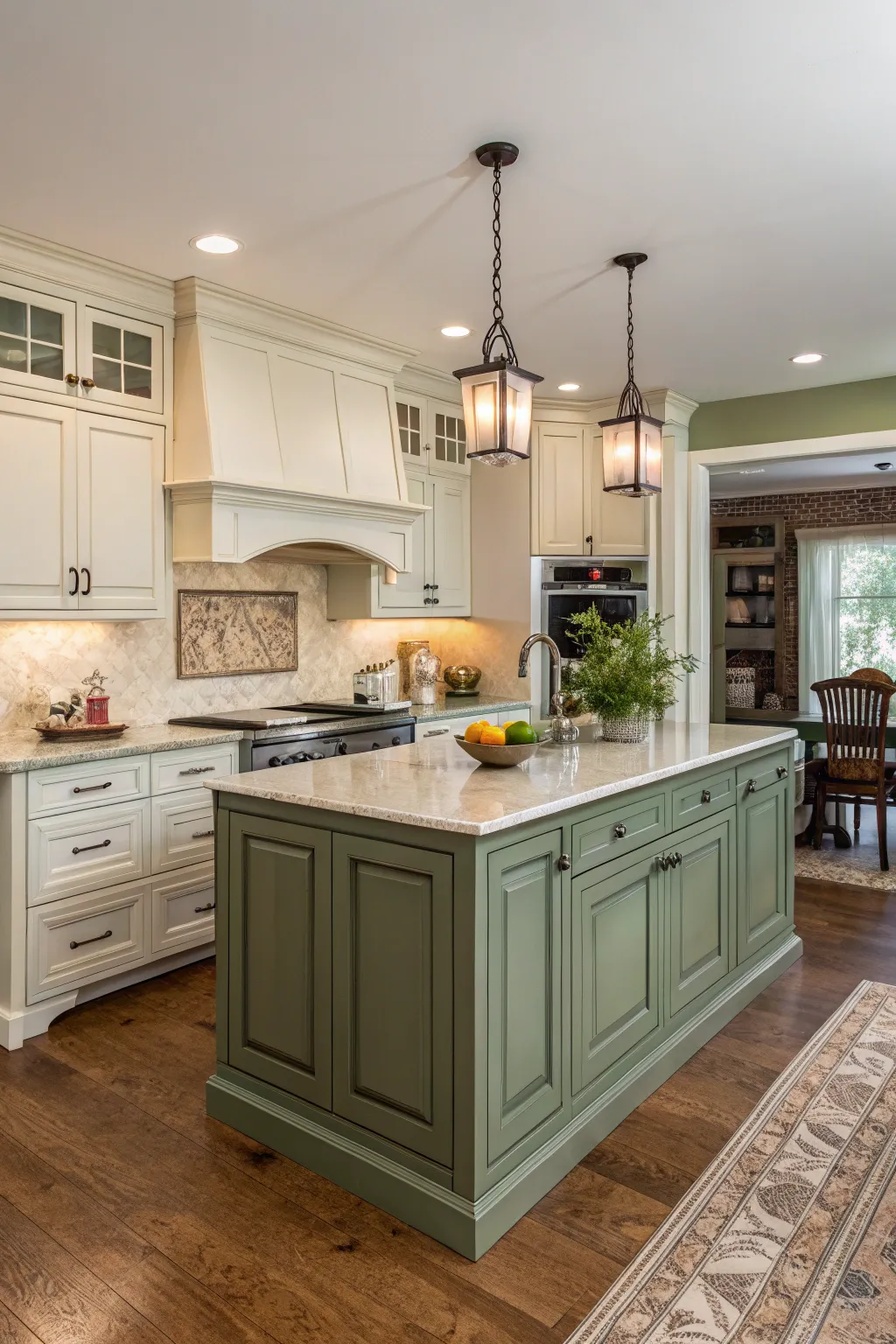 A kitchen featuring a serene sage green island paired with bright white cabinets.