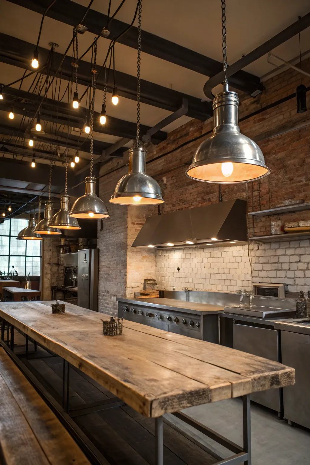 Metal fixtures bring an industrial edge to kitchen lighting.