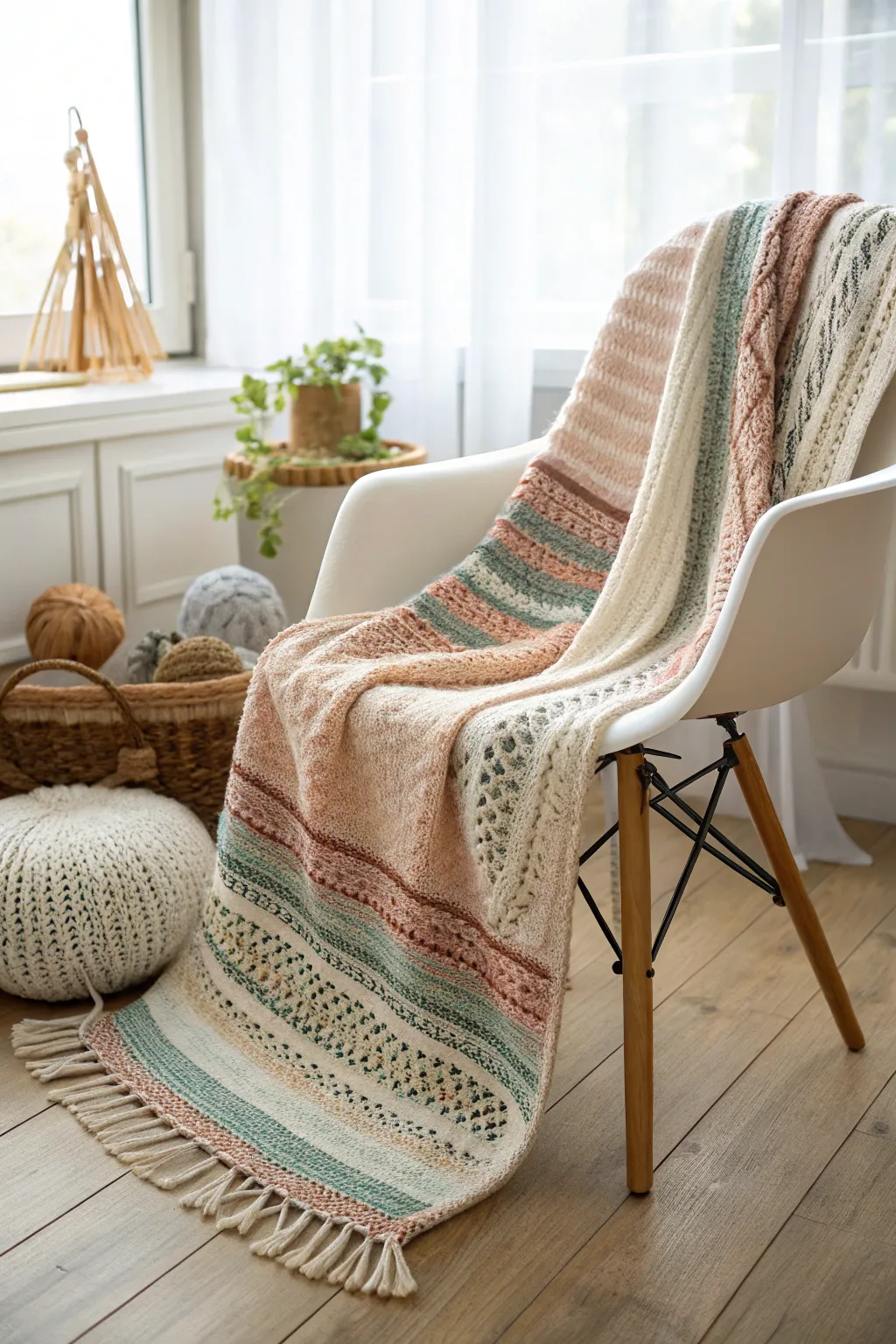 Add a splash of playful elegance to your space with this beautifully striped knit blanket. Perfect for cozy nights and stylish interiors.