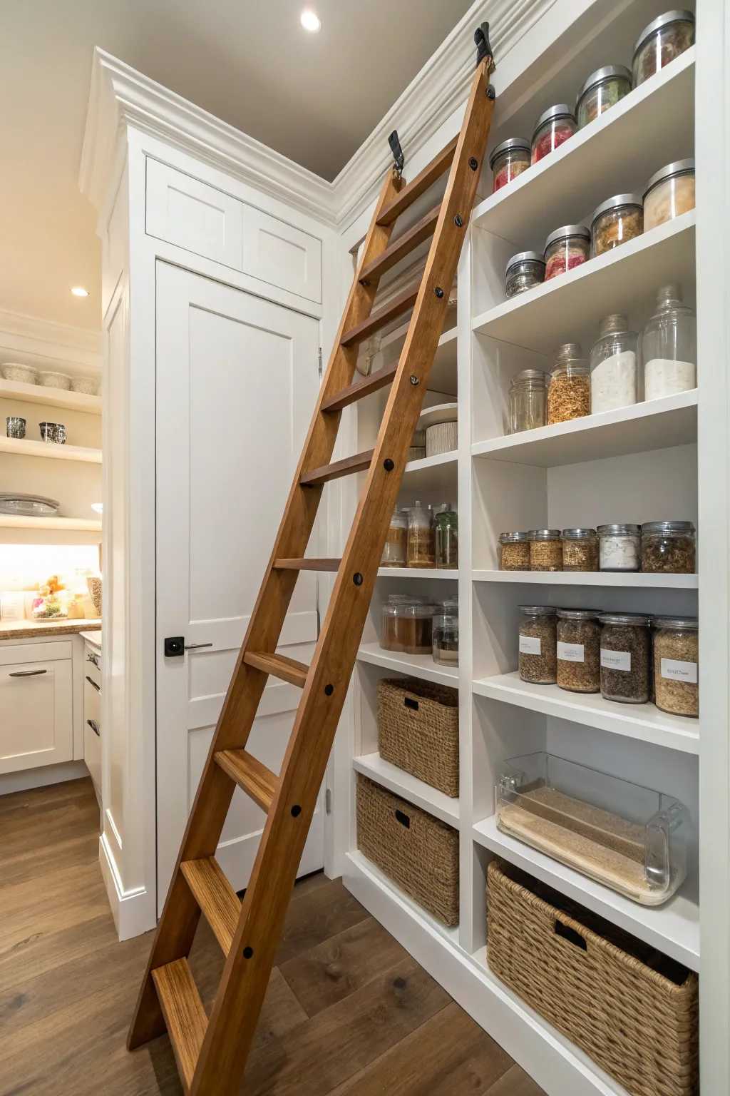 A stylish sliding ladder in an L-shaped pantry, enhancing accessibility and aesthetics.