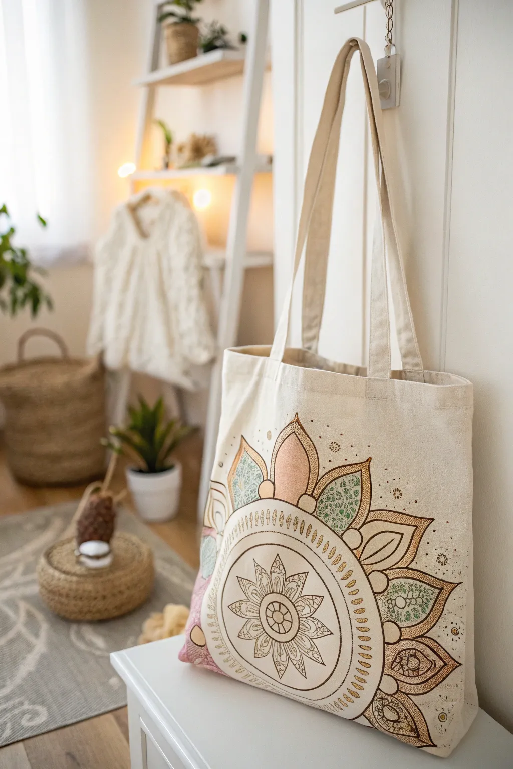 Unleash your creativity: Transform a simple tote into a unique masterpiece with stencils and fabric markers. Perfect for a chic ladies' craft night!
