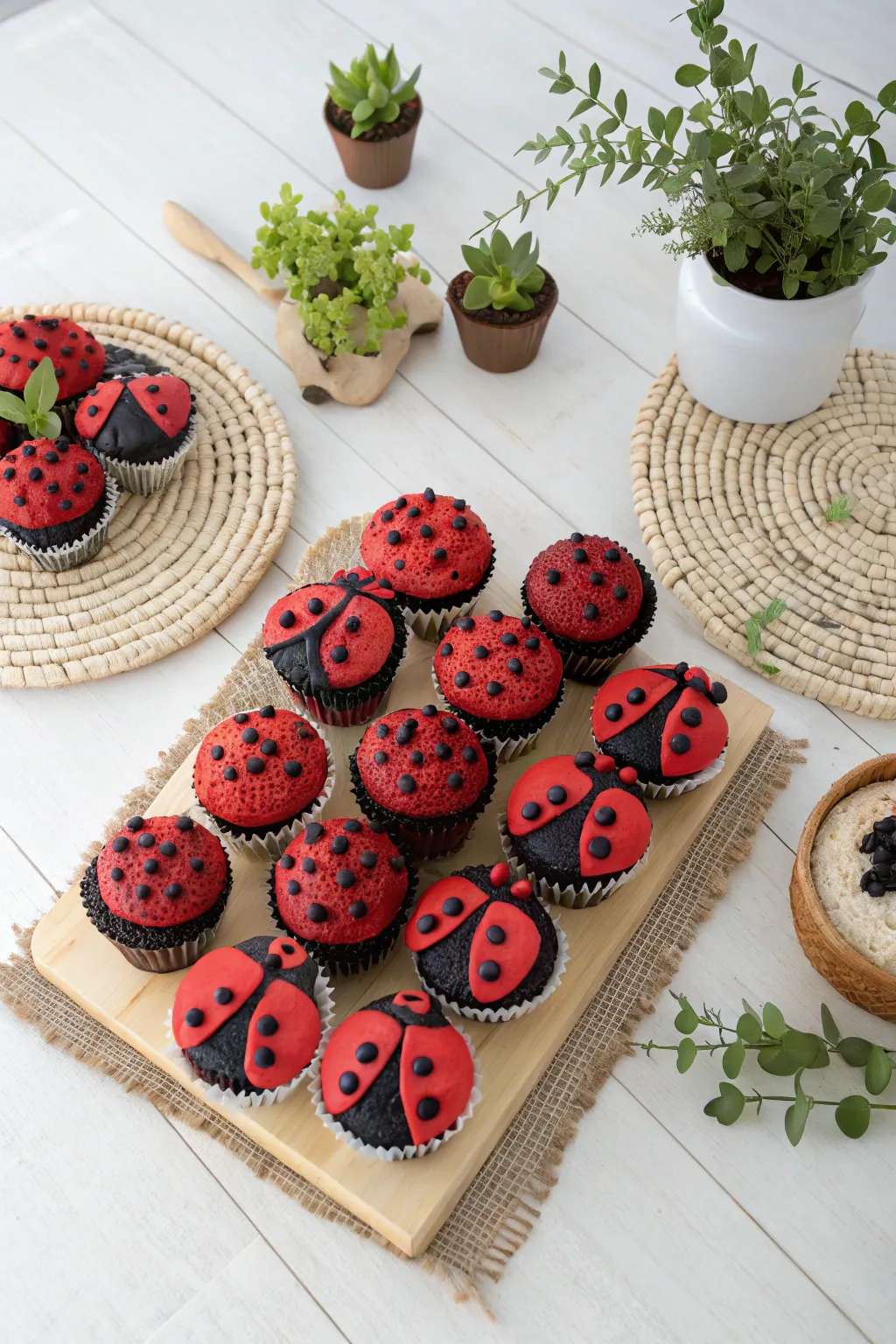 Delight your guests with a charming ladybug cupcake arrangement — a sweet blend of simplicity and creativity.